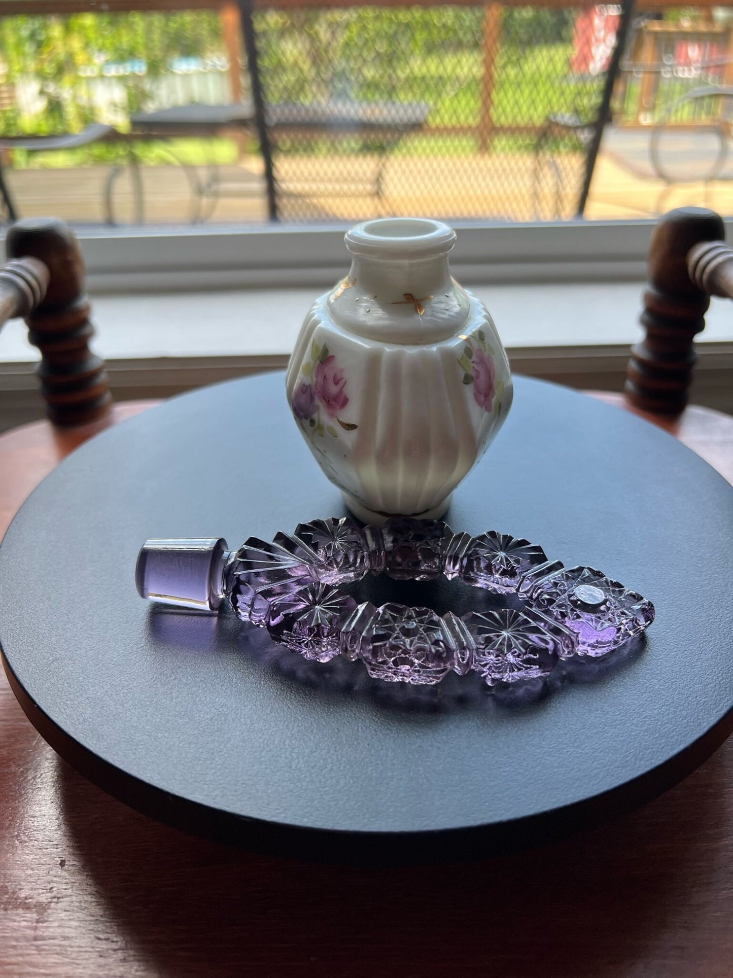 Vintage Fenton Charleton Perfume Bottle: Hand-Painted Floral Etched Stopper