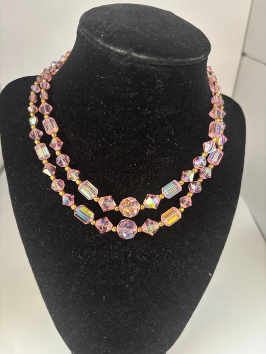 Vintage Pink Aurora Borealis Style Crystals & Gold Necklace Fringe Jewelry Lover Antiques and Vintage