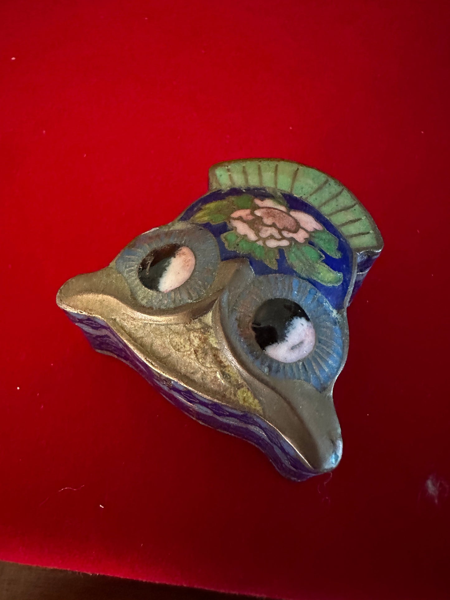 Vintage Cloisonné Enamel Owl Trinket Box: Brass Container