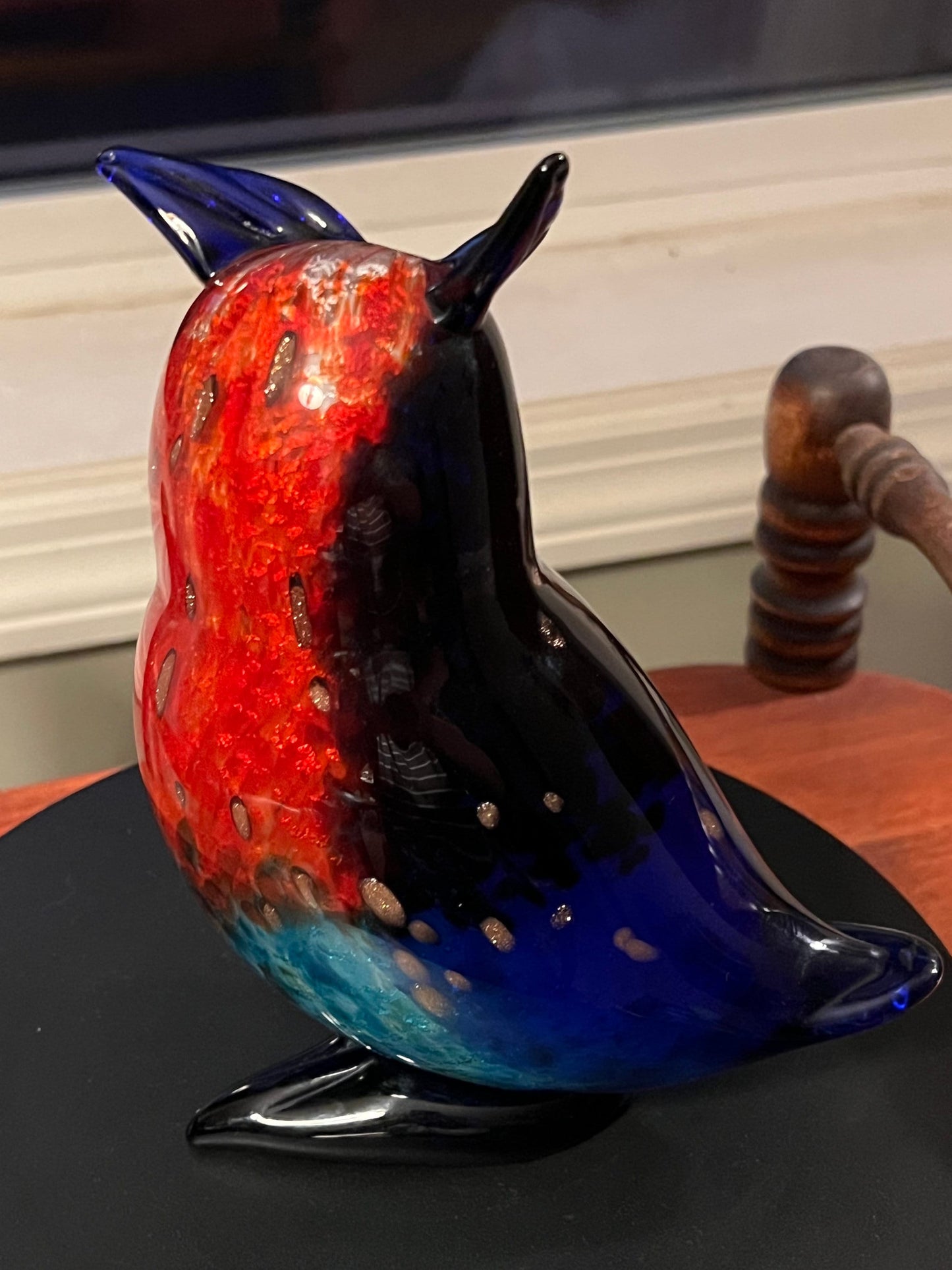 Vintage Murano Owl, signed by Franco Moretti Blue Red and Gold Sculpture, Owl Figurine, Art Glass, Lover Antiques and Vintage