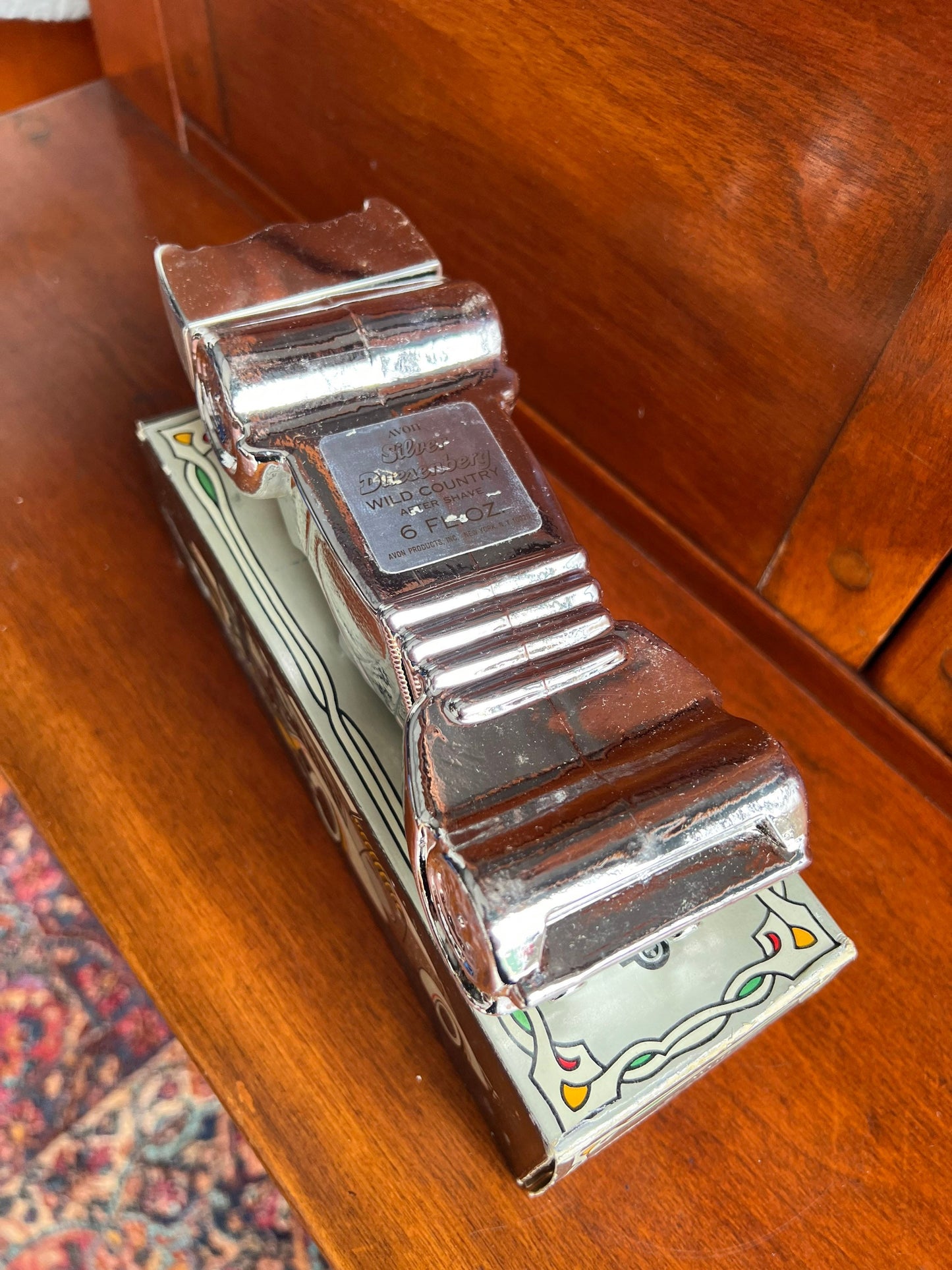 Vintage Avon Silver Duesenberg Car Decanter: Wild Country After Shave, Full Bottle