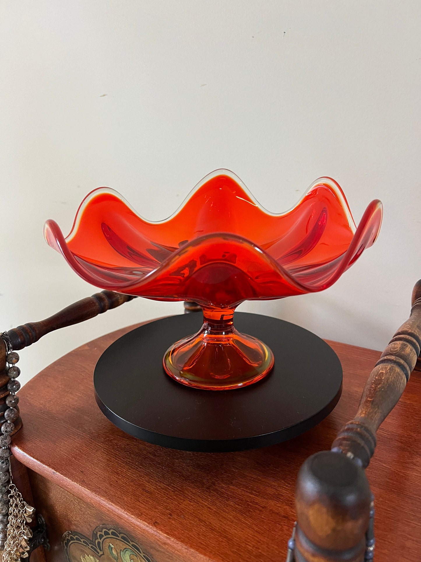Vintage Viking Persimmon 6 Petal Compote Vase Bowl Pedestal Dish Amberina Glass Footed Vase Lover Antiques and Vintage