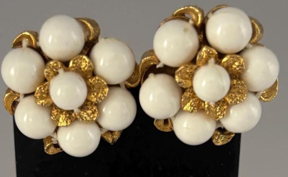 Vintage White & Gold Cluster Clip On Earrings Lover Antiques and Vintage