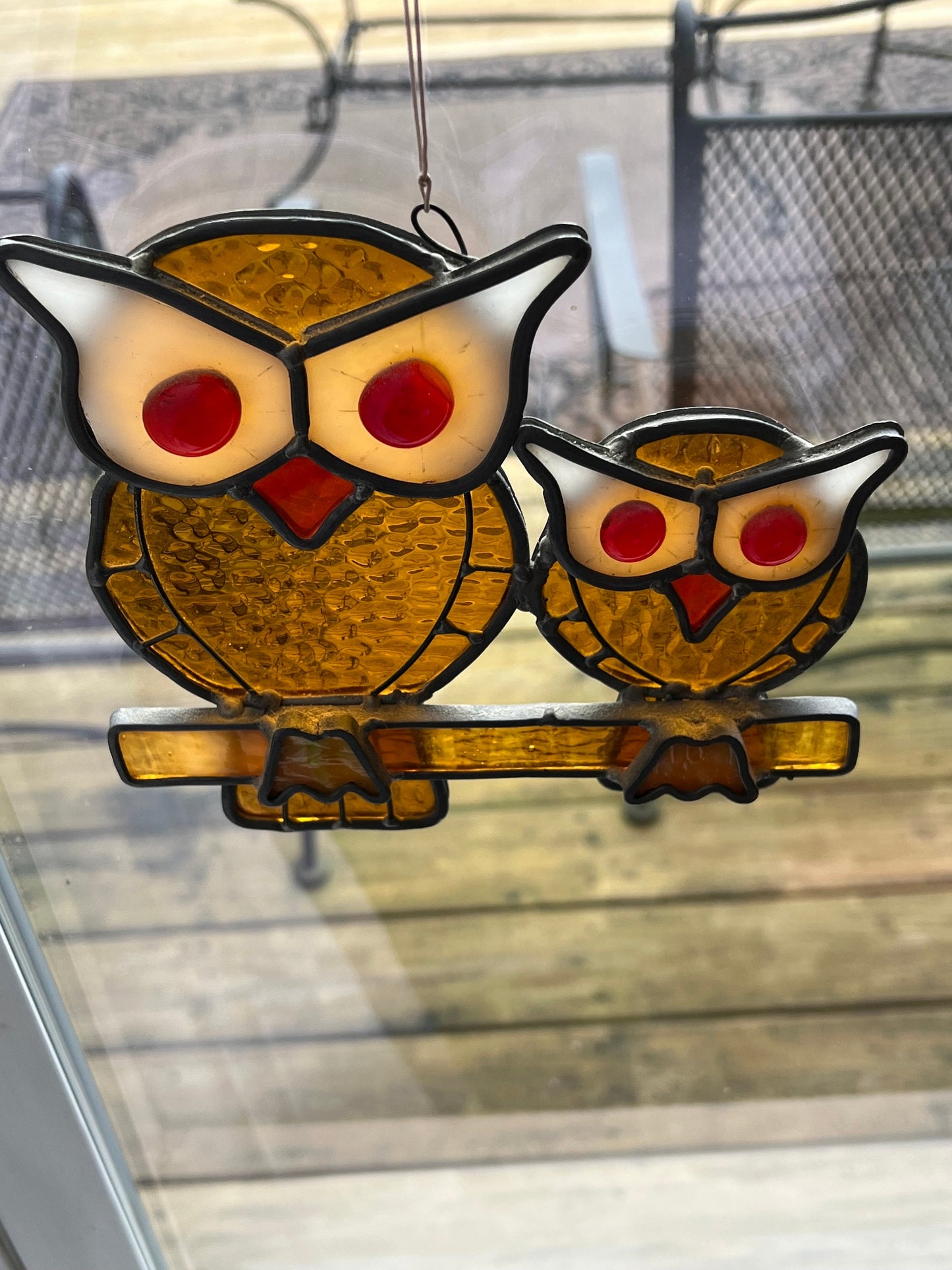 Vintage Stained Glass Owl Family Window Hanging