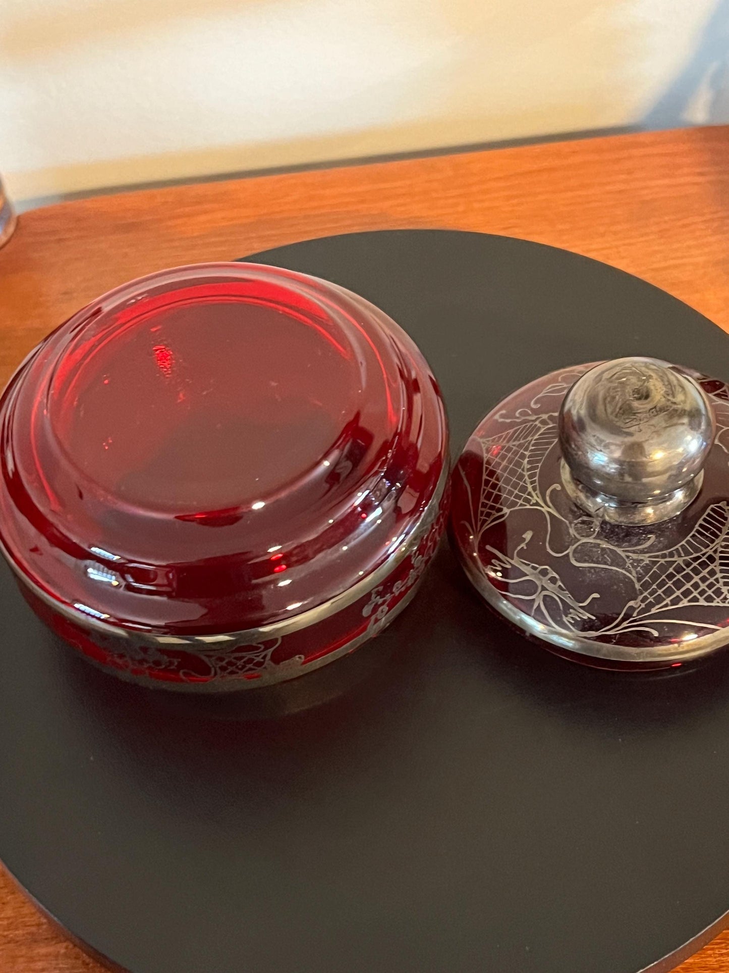 Vintage Ruby Red Glass Trinket Box: Bohemian Silver Gilding