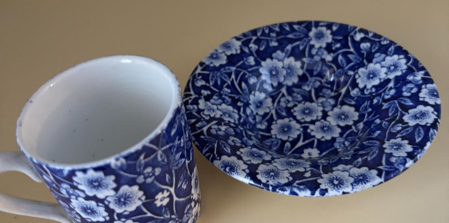 CALICO Blue and White Floral Espresso Cup and Saucer Royal Crownford Burleigh England Floral Transferware Lover Antiques
