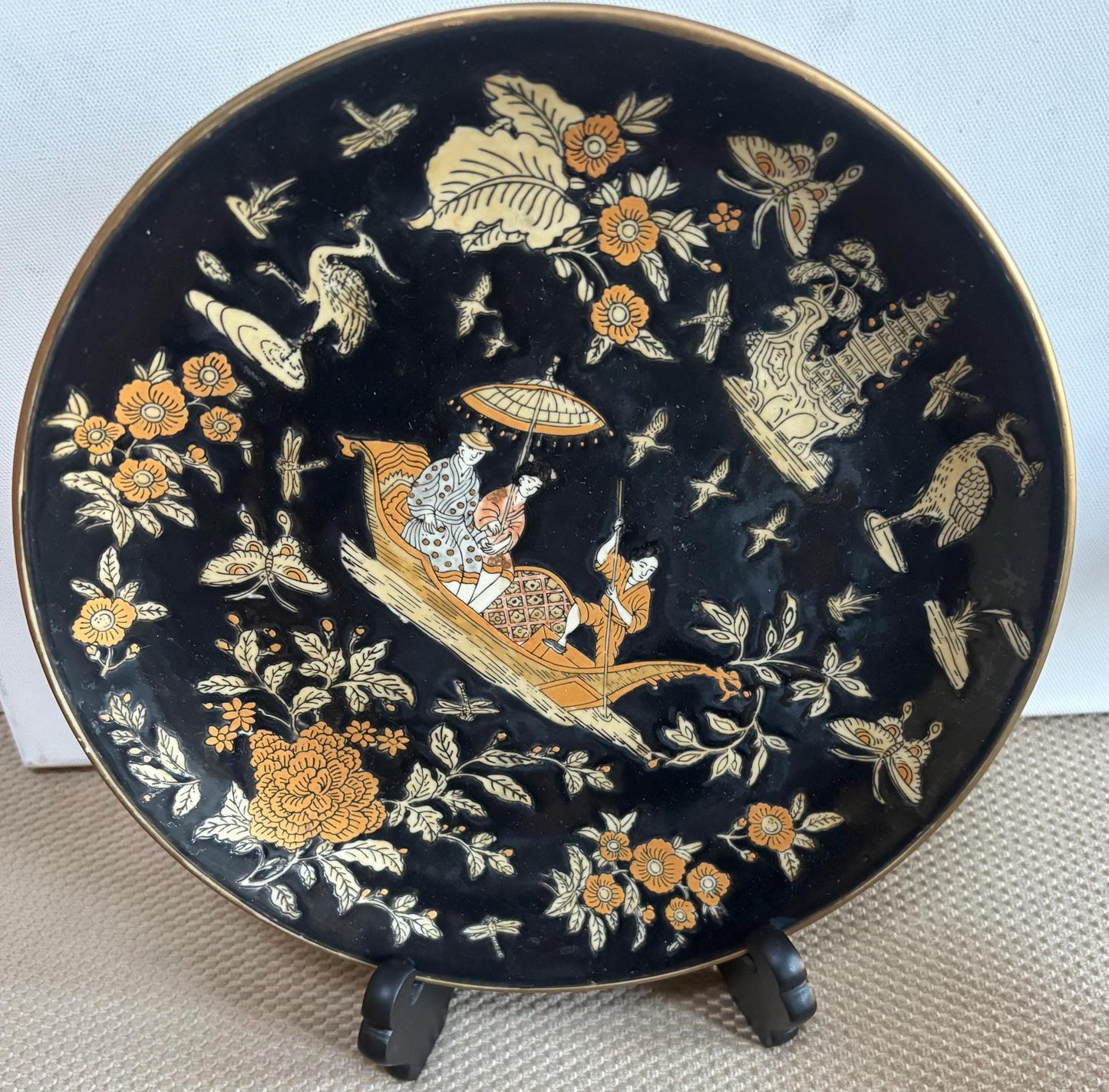 Vintage Sevres Porcelain Plate with Chinoiserie Design Chinese Plate with Stand Black Background with Gold Trim Lover Antiques and Vintage