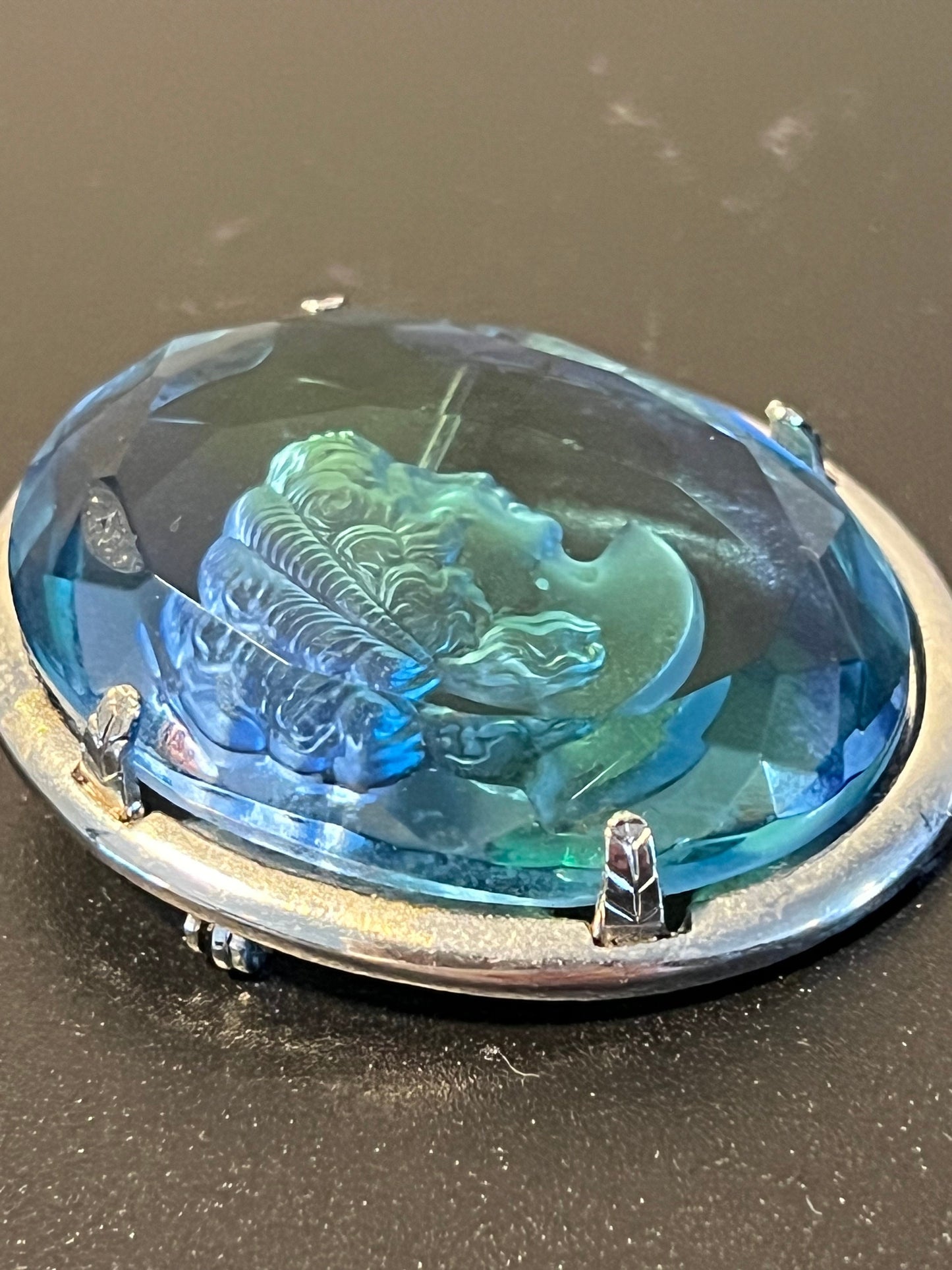 Vintage Warner Cobalt Blue Cameo Brooch: Reverse Carved Woman Portrait
