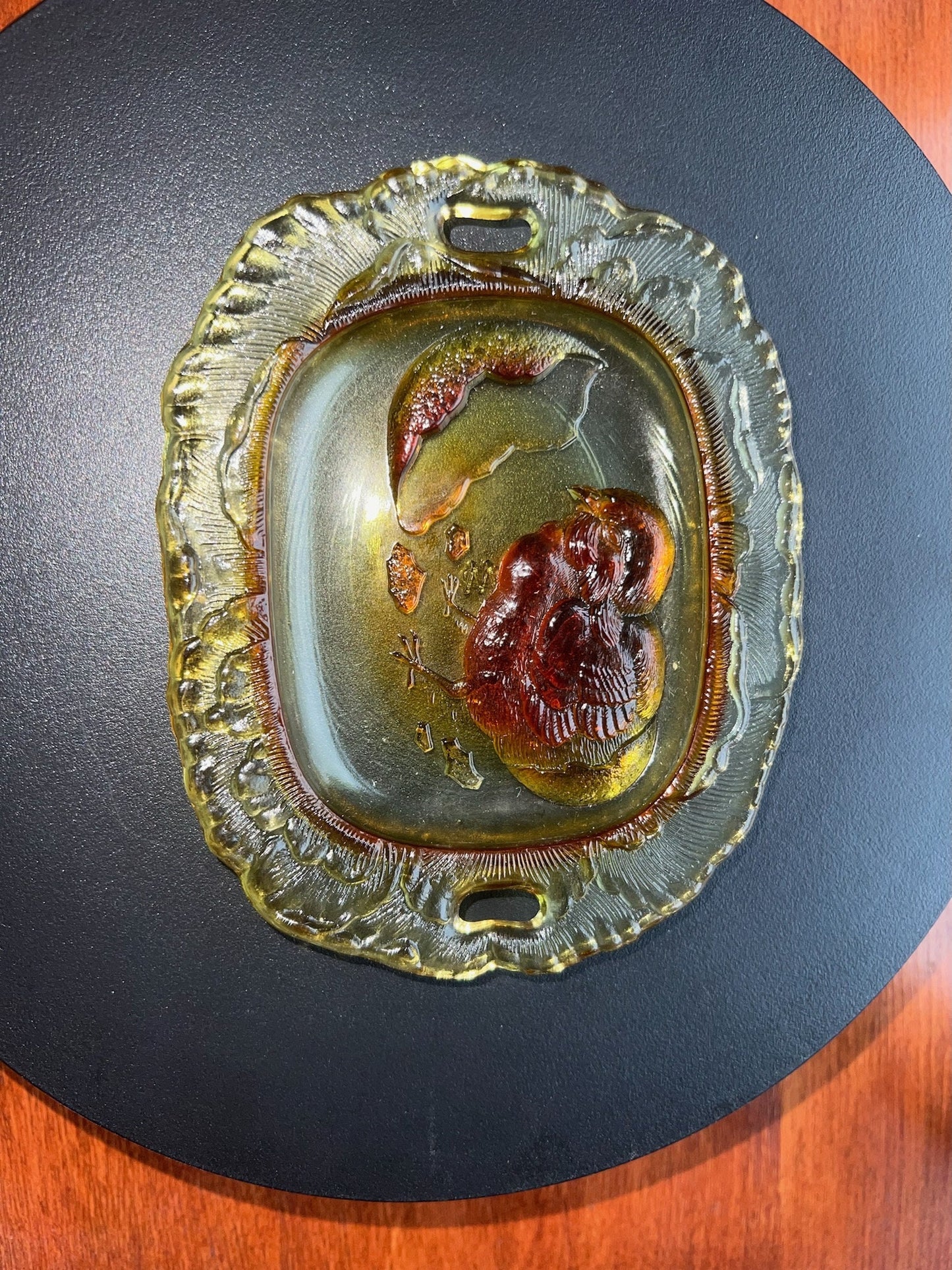 Vintage Amber Pressed Glass Plate: Chick Emerging From Egg