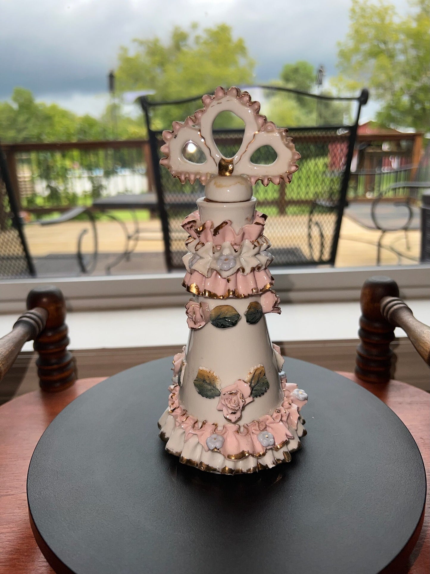 Vintage Thames Hand Painted Roses Perfume Bottle Ceramic Frilly Lace Lover Antiques and Vintage