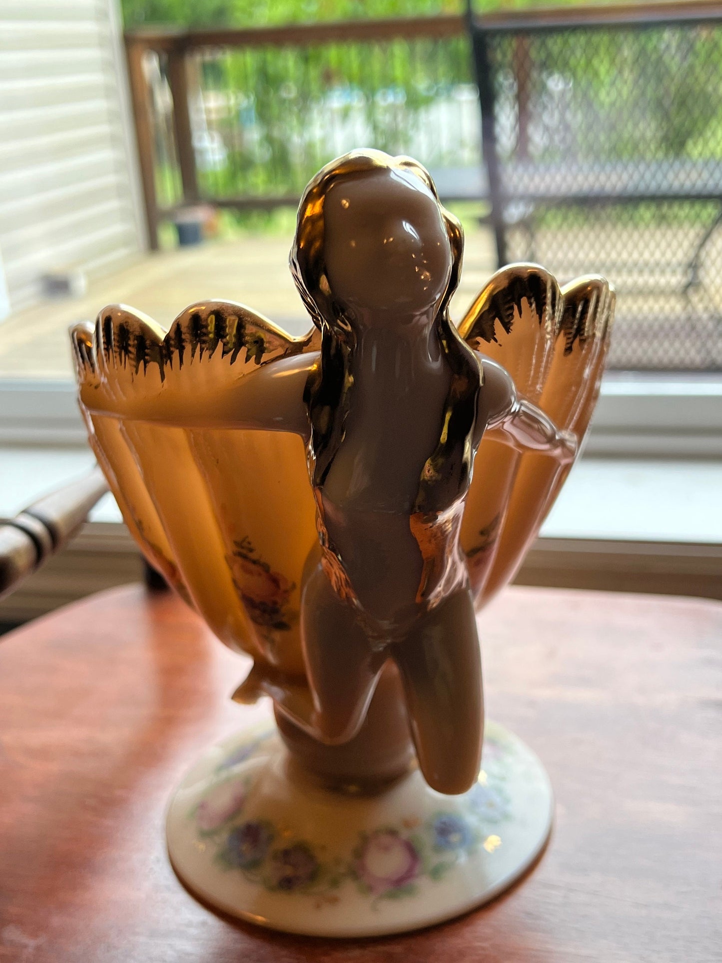Vintage Cambridge Crown Tuscan Flying Lady Compote Glass Bowl Charleton Gilt and Floral Painting Opalescent Peach Lover Antiques and Vintage