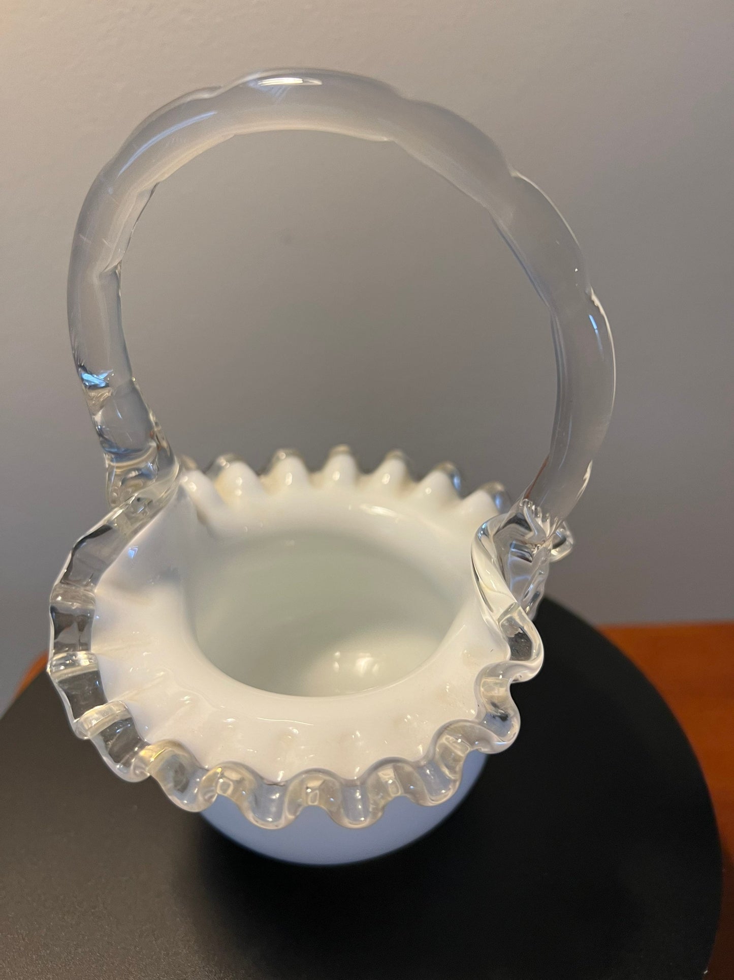 Vintage Fenton Silvercrest Basket Vase: White Ruffled Edge Art Glass