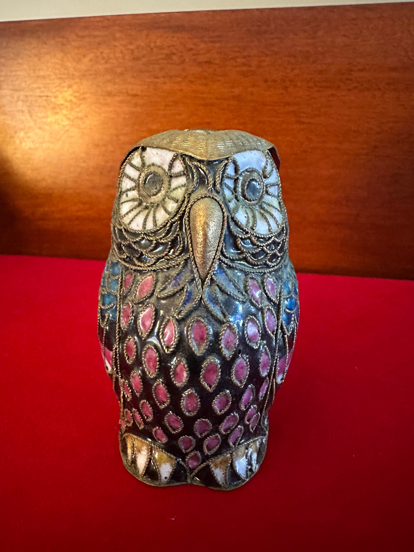 Vintage Cloisonné Owl Statue: Enameled Brass Figurine with Gold Top