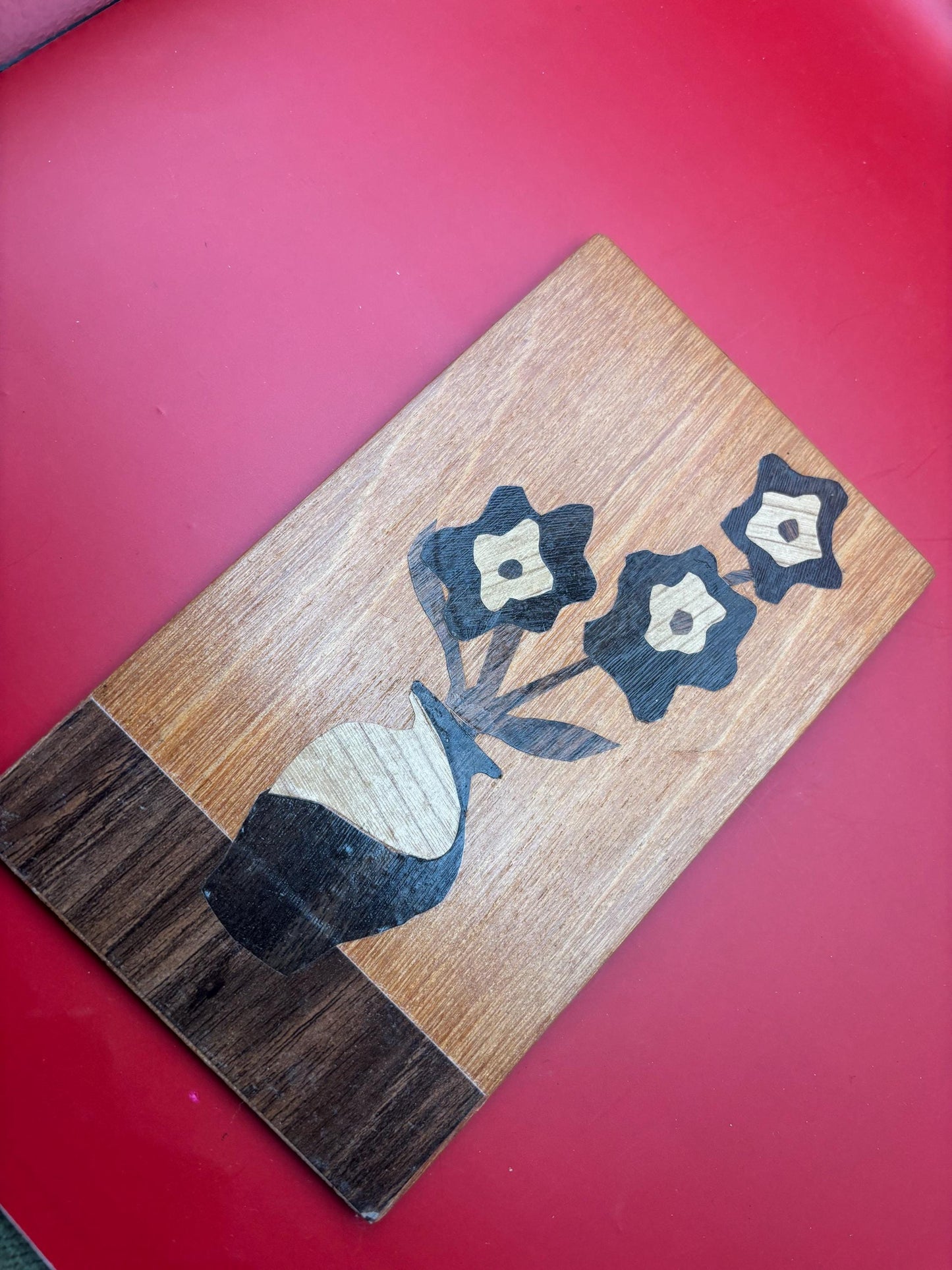 Handmade Flower Marquetry Wood Inlay Art Wall Hanging, Several Distinct Wood Tones