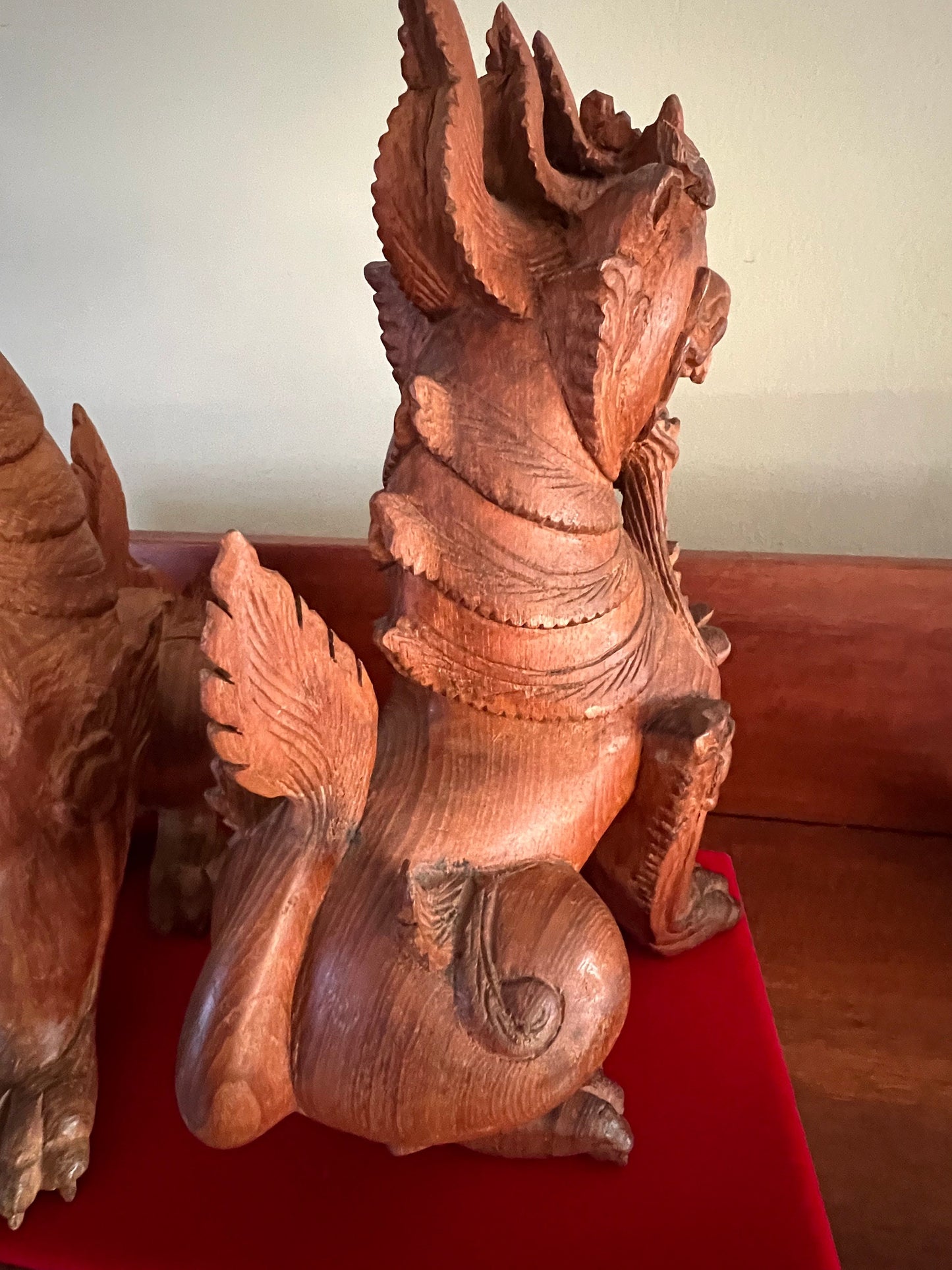 Vintage Carved Teak Foo Dogs: Hong Kong Statues, Set of 2