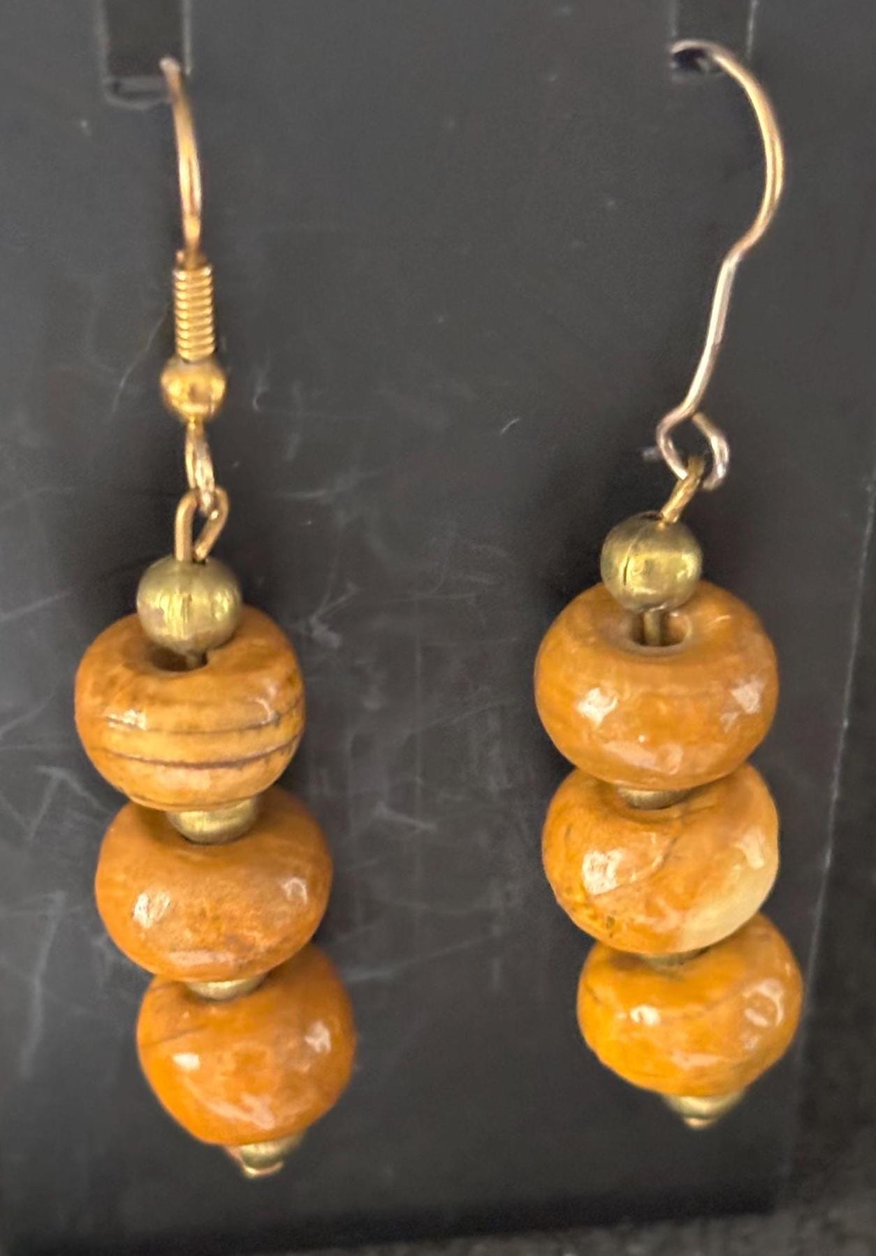 Lover Antiques Vintage Wood Bead Earrings, Dangle Wood Jewelry, Unique Gift for Her, Retro Jewelry, Tri Bead Earrings, Gift for Women