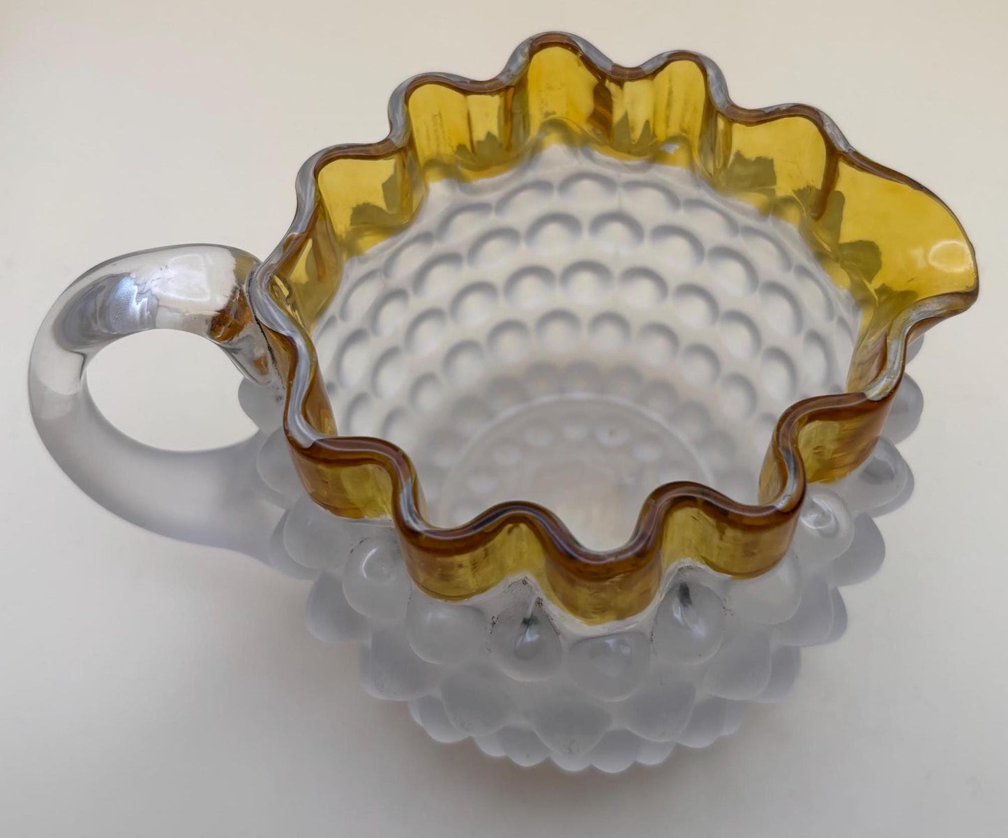 Antique Hobbs Brockunier Blue Glass Hobnail Amber Creamer | Vintage Hobnail Mini Pitcher with Amber Top, Circa 1885-1892