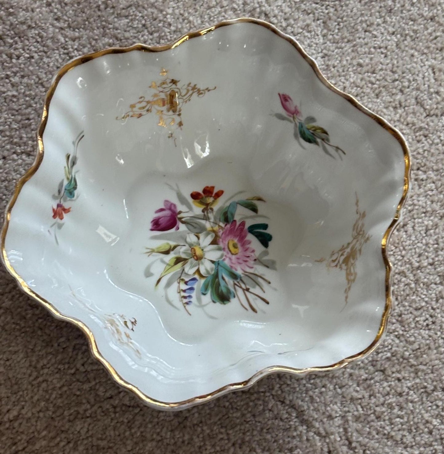 Antique German Dresden Scalleoped With Gold Trim, Ruffled Serpentine Floral Butterfly Bowl, Gold Gilded Plate, Lover Antiques and Vintage