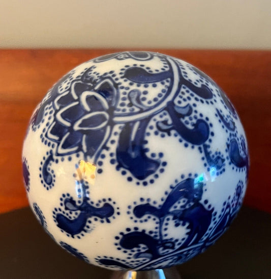 Vintage Blue & White Porcelain Orb: Mid Century Modern Ornament