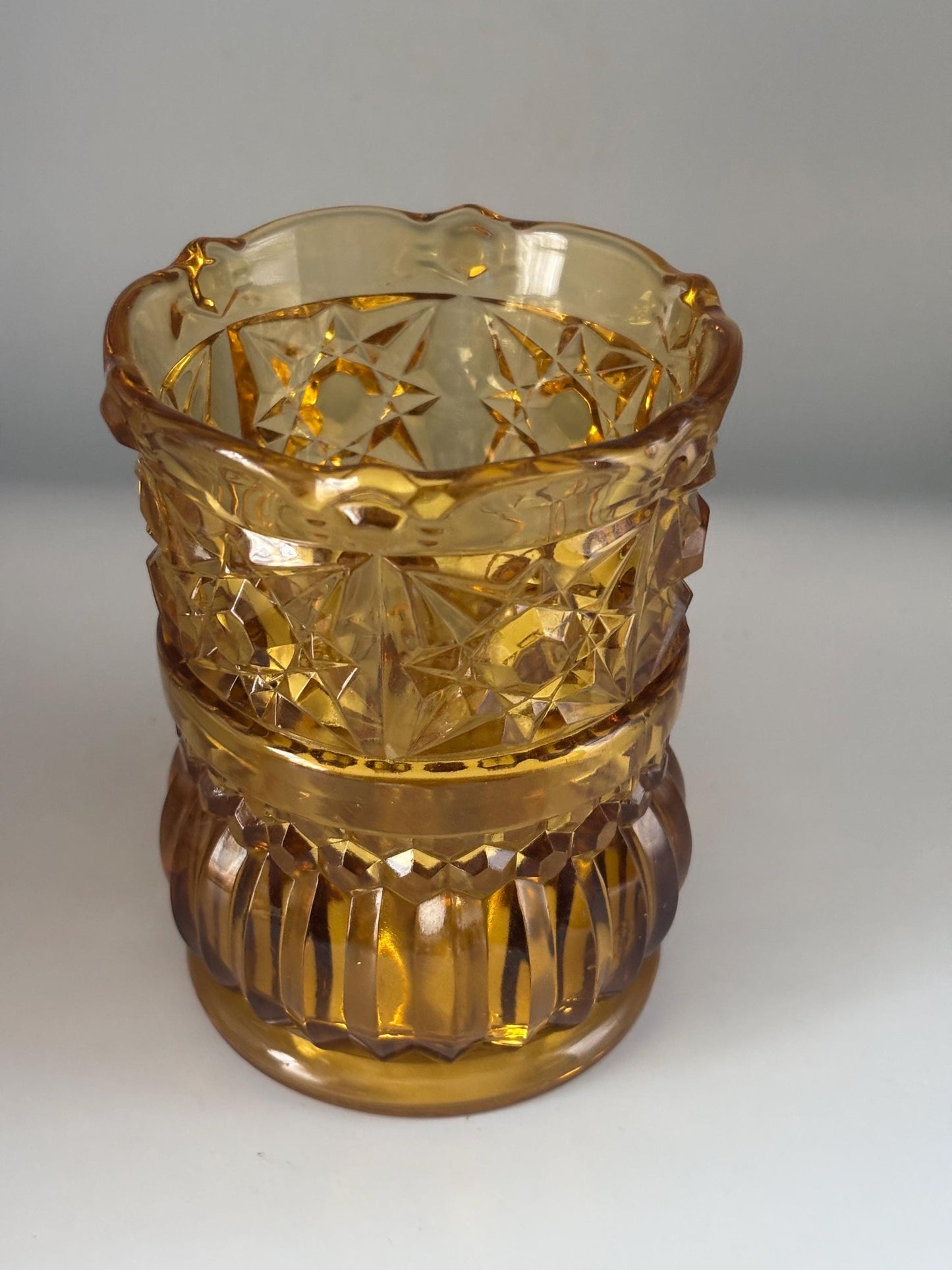 Antique Richards and Hartley Daisy Button Crossbar Mikado Amber Glass Vase Cup, Toothpick Holder, Lover Antiques and Vintage