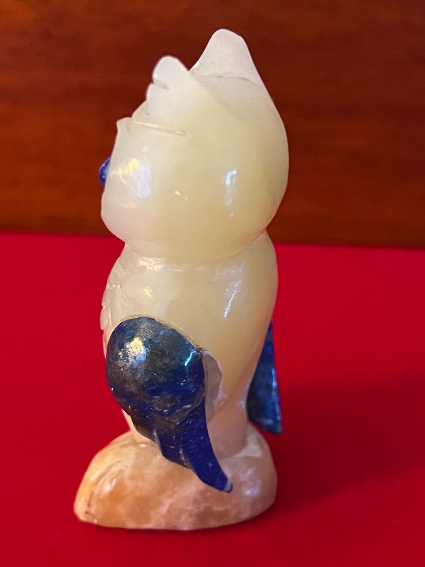 Vintage Carved Quartz Owl Figurine with Blue Eyes