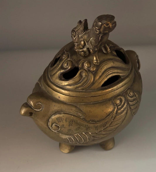 Antique Bronze Chinese Censer Incense Burner Bowl with Lid Koro with Foo Dog Lover Antiques and Vintage