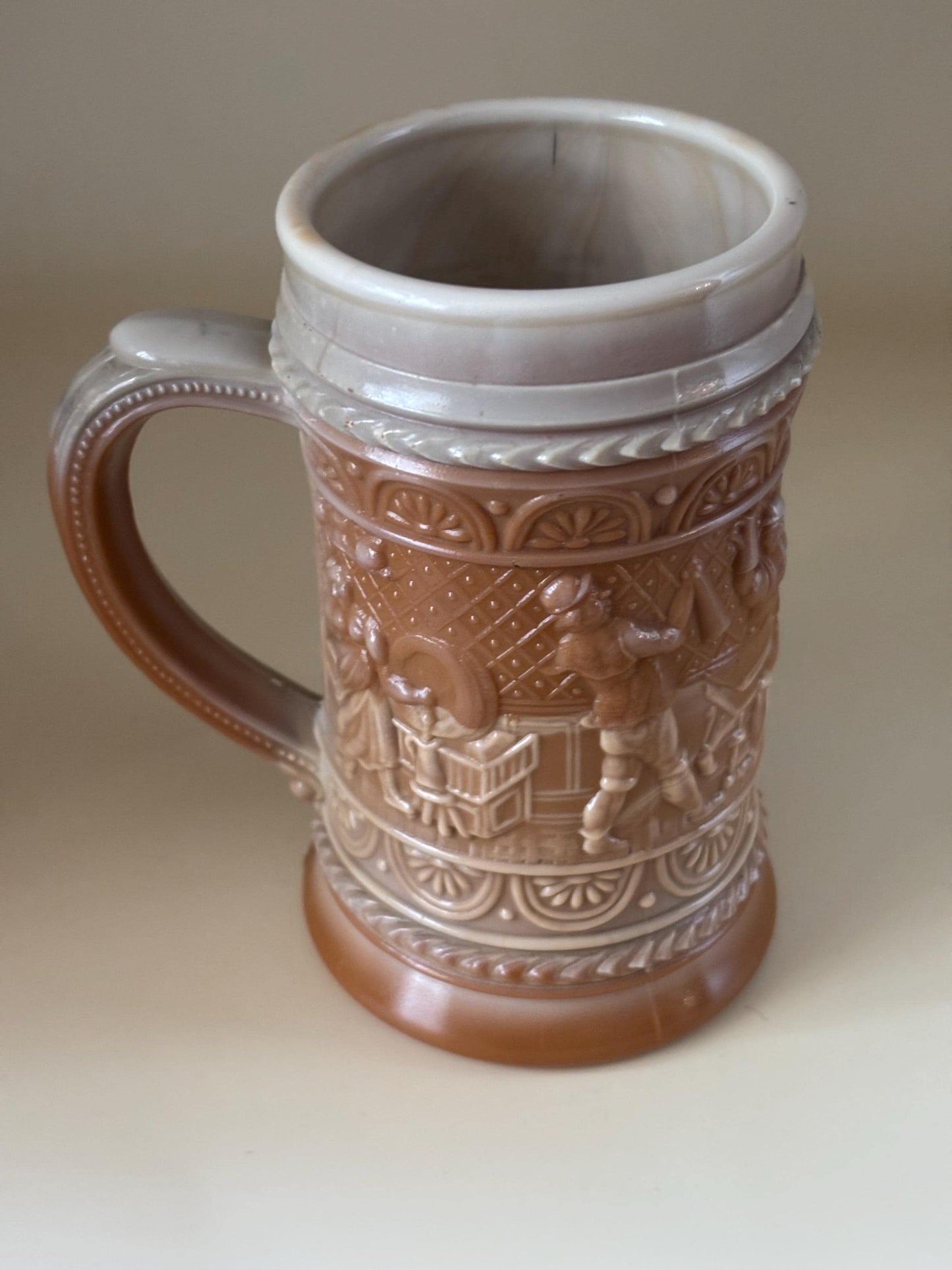 Antique Greentown Chocolate Glass Indoor Drinking Scene Pattern Stein, Lover Antiques and Vintage