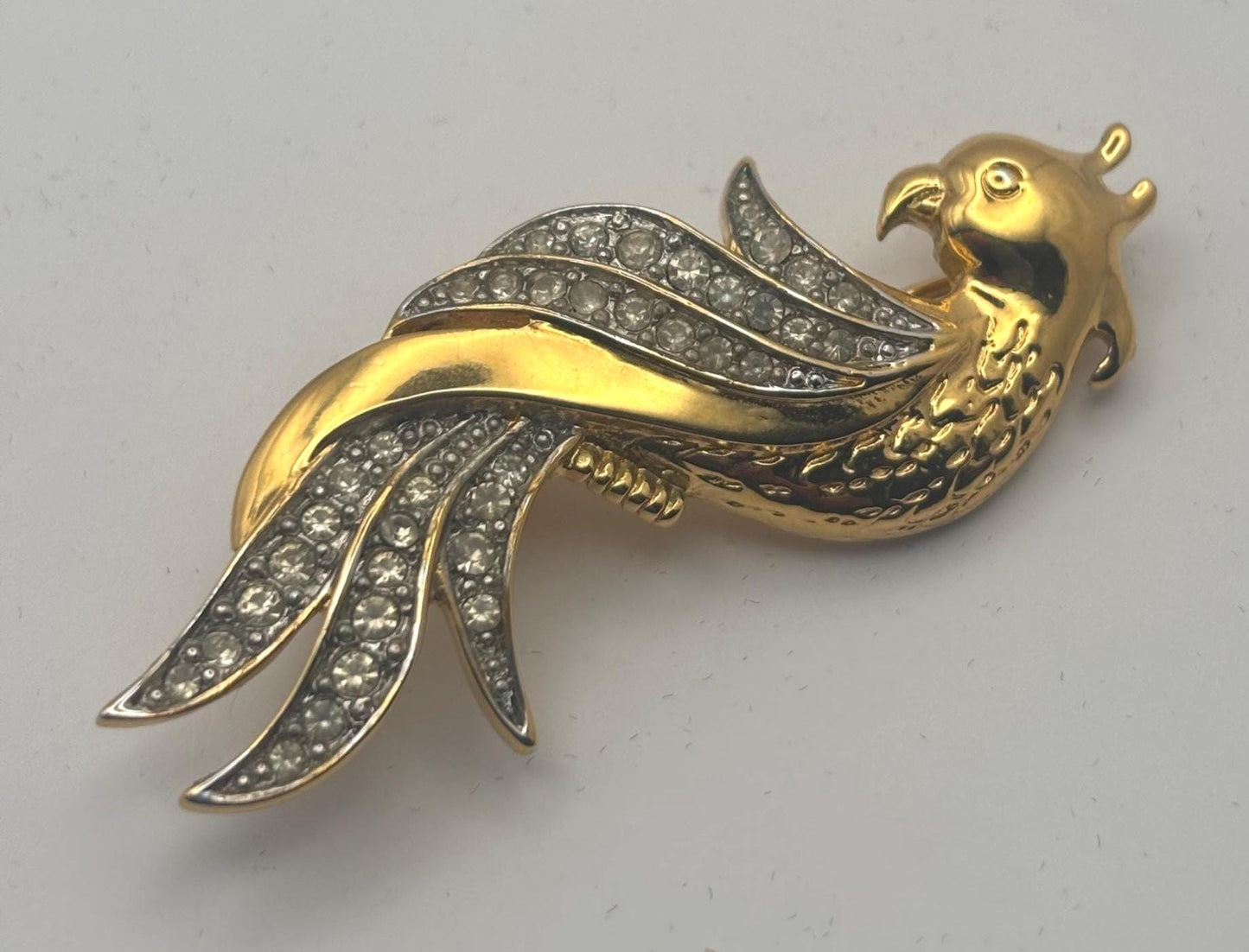 Van Dell Gold Rhinestone Parrot Brooch