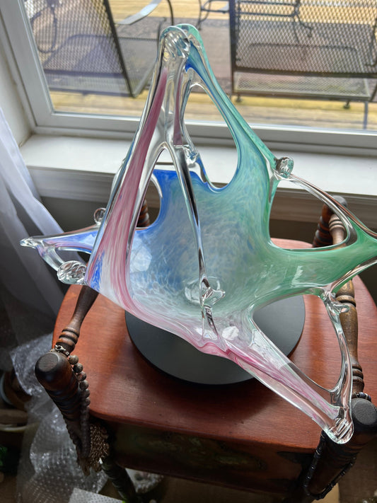 Vintage Lavorazione Murano Art Glass Bowl: Large Blown Glass Basket, Blue Pink Green