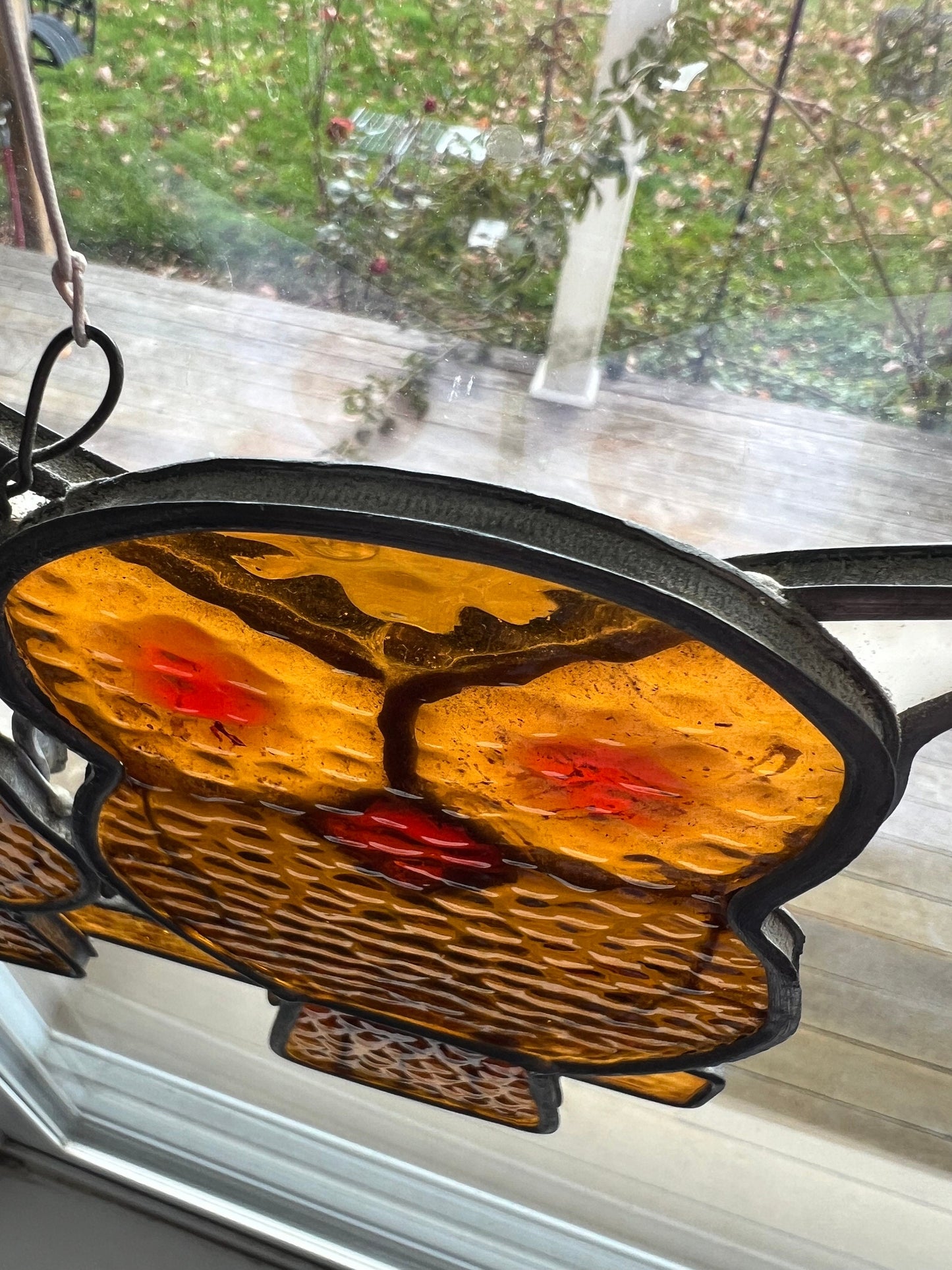 Vintage Stained Glass Owl Family Window Hanging