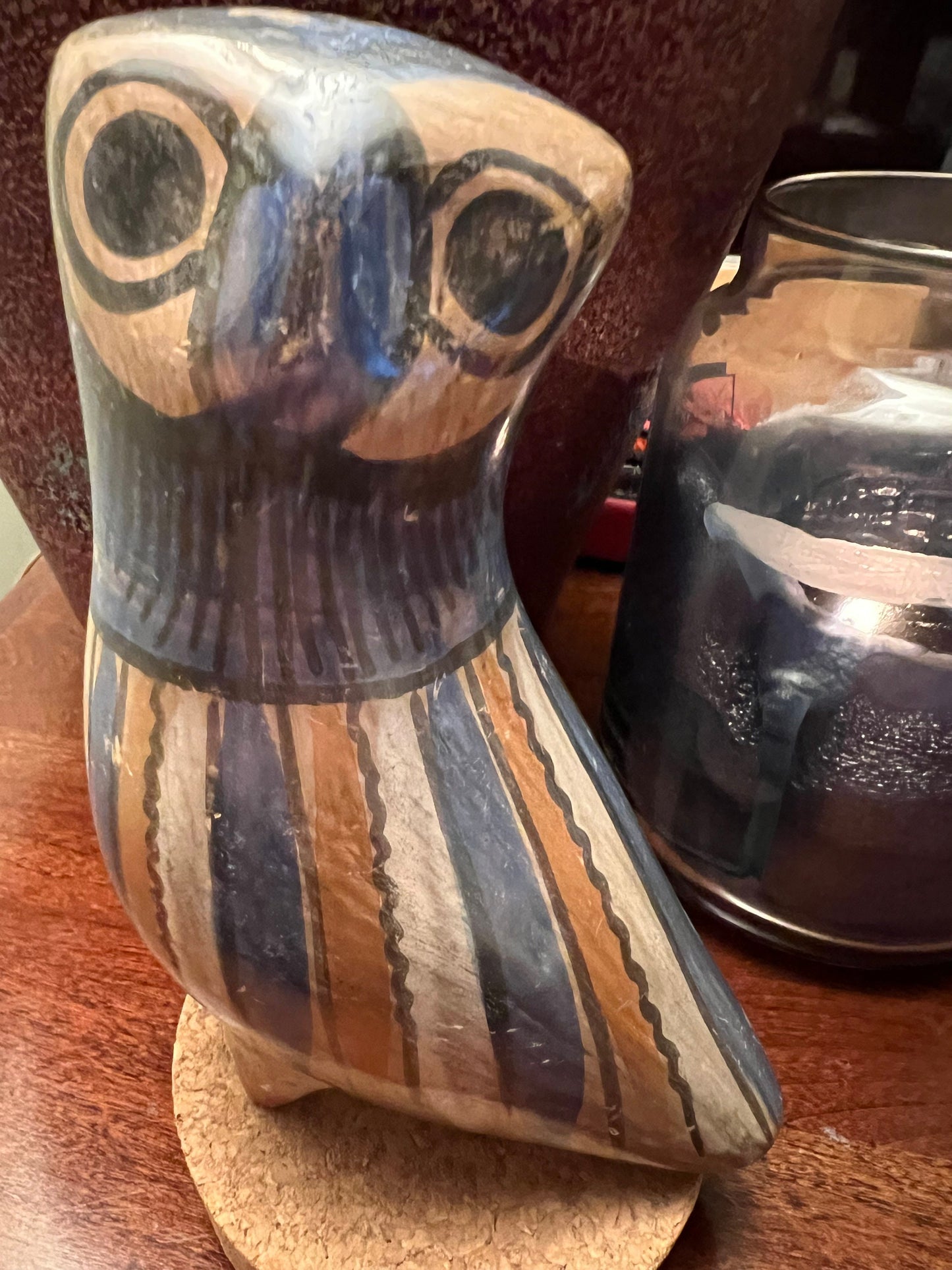 Vintage Tonala Pottery Owl: Red, White, and Blue Mexican Folk Art