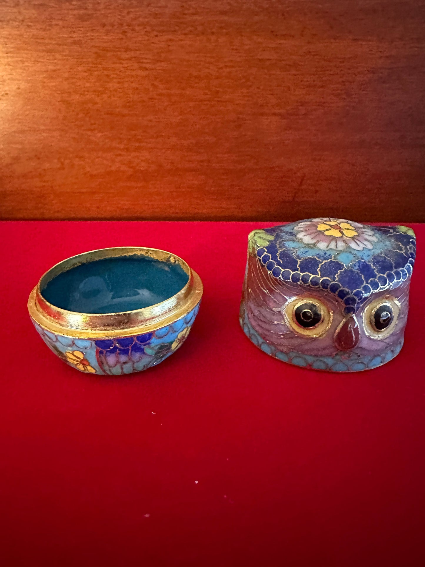 Vintage Cloisonné Enamel Owl Trinket Box: Cobalt Blue & Brass