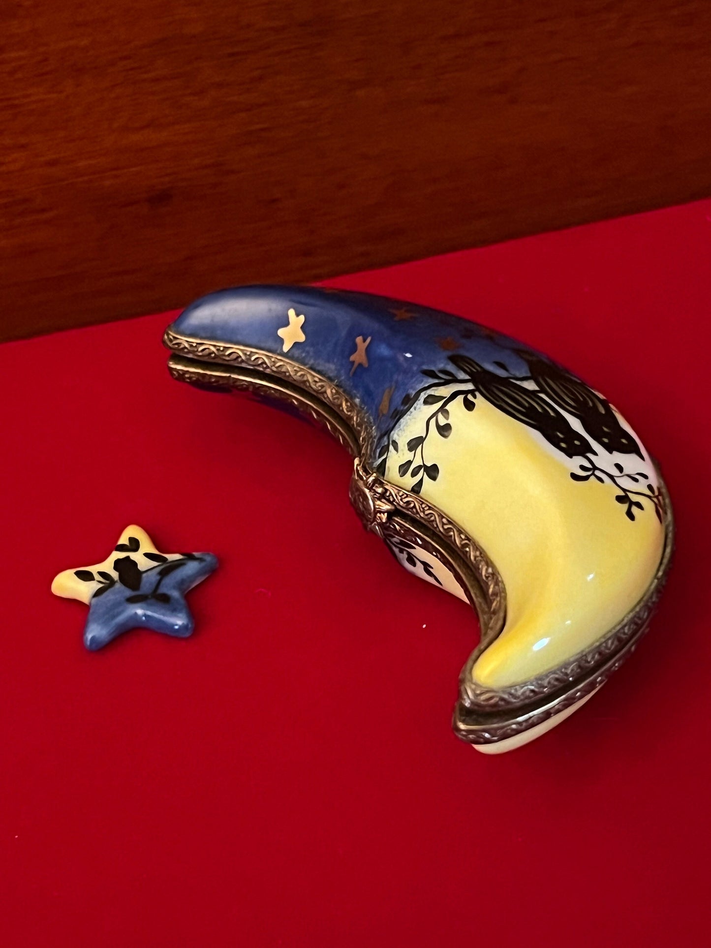 Vintage Limoges Porcelain Trinket Box: Moon with Owls & Star