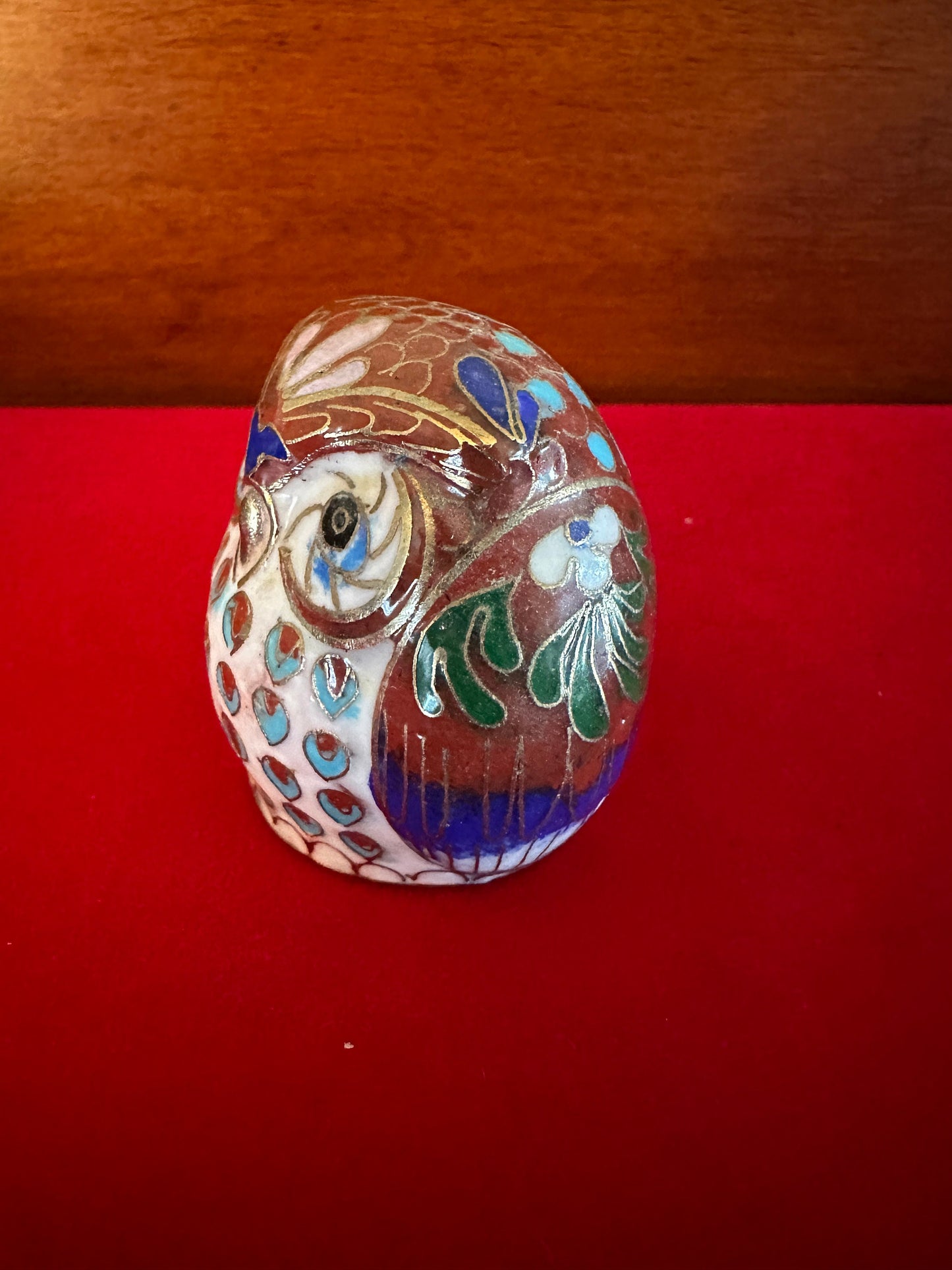 Vintage Cloisonné Enamel Owl Figurine: Cobalt Blue & Brass Base