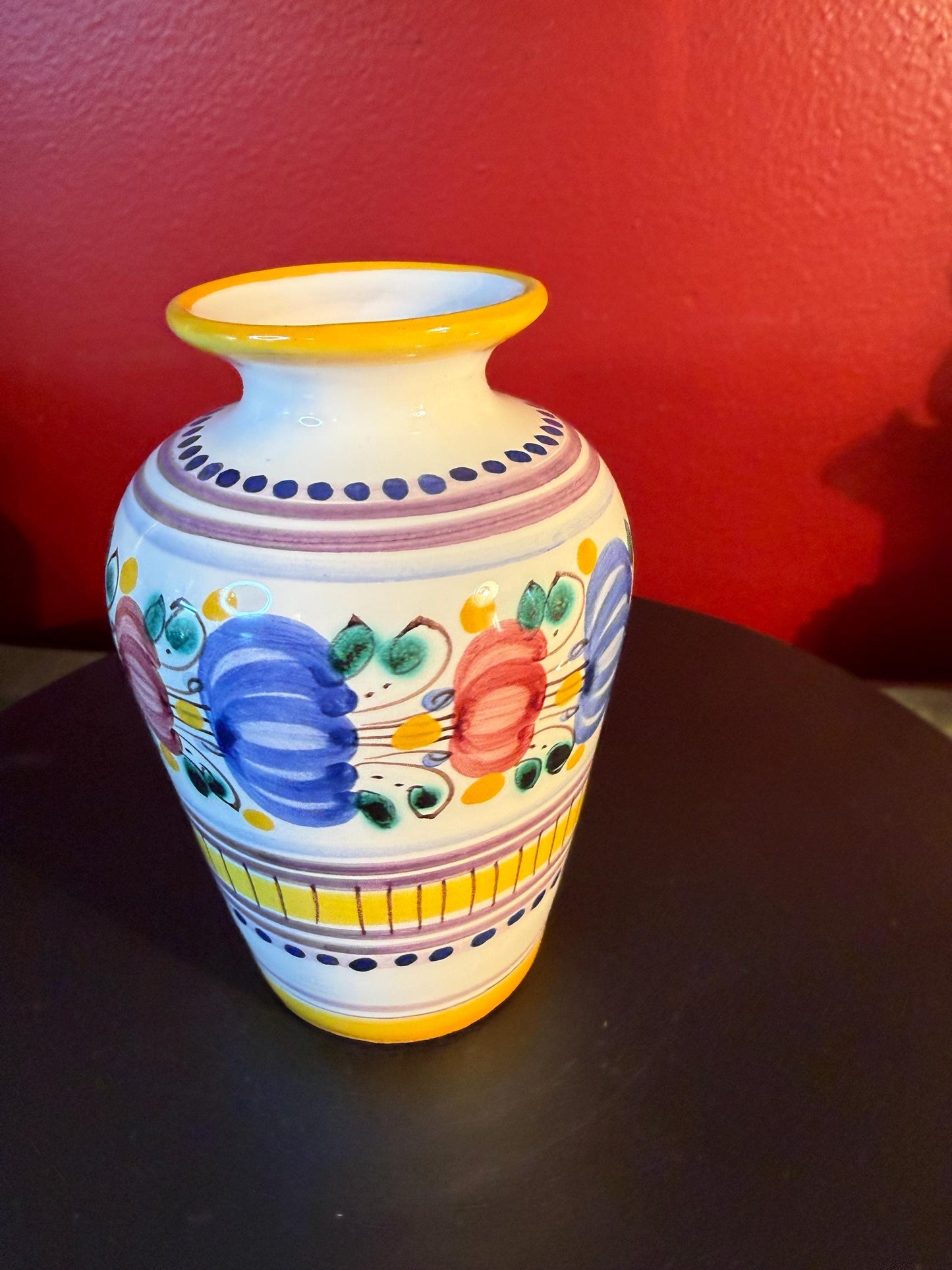 Vintage Modra Slovak Folk Art Mini Vase: Hand-Painted Majolika Pottery, 3 Inch Cream Yellow Blue