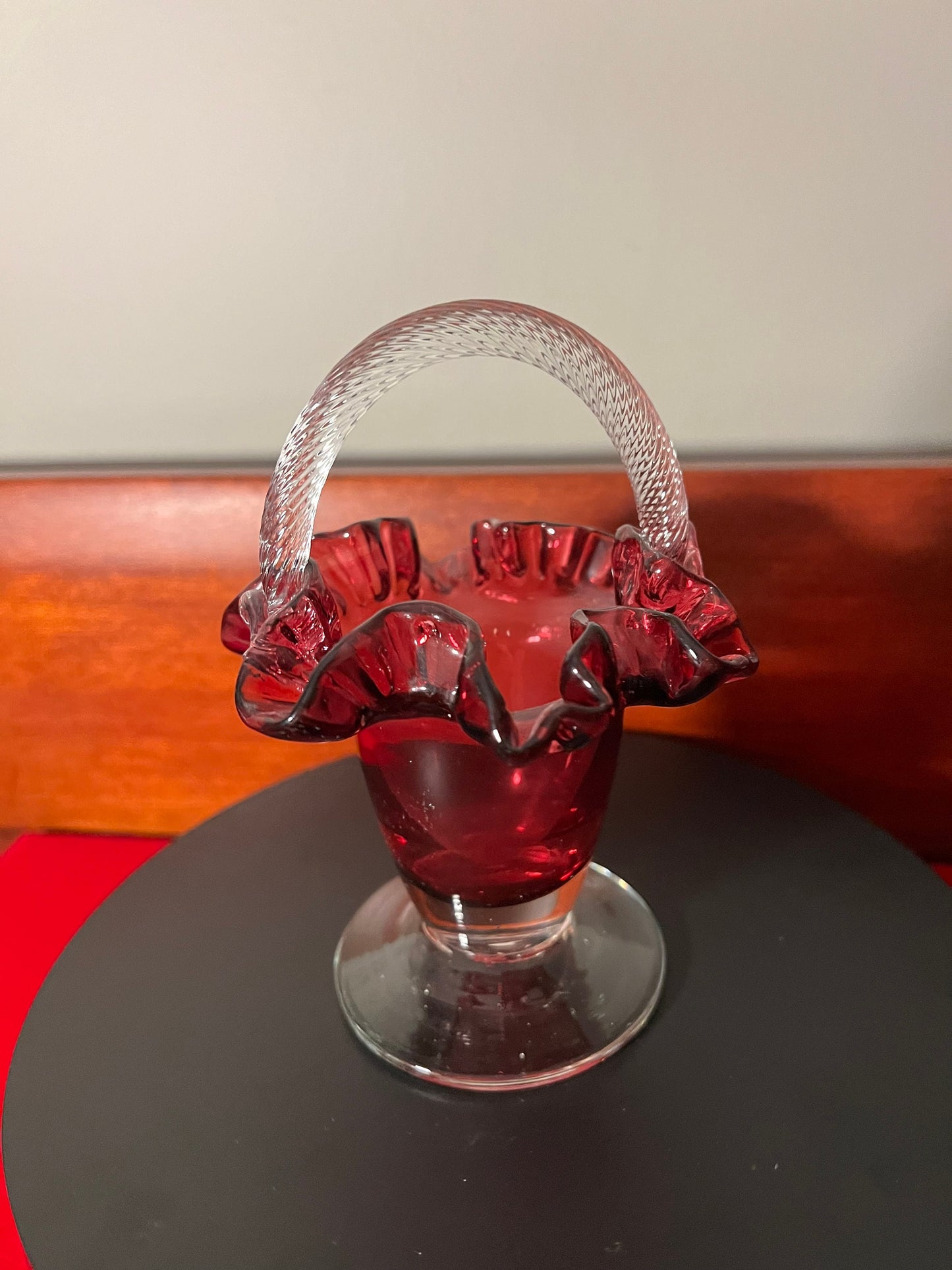 Vintage Fenton Cranberry Glass Ruffled Basket with Handle