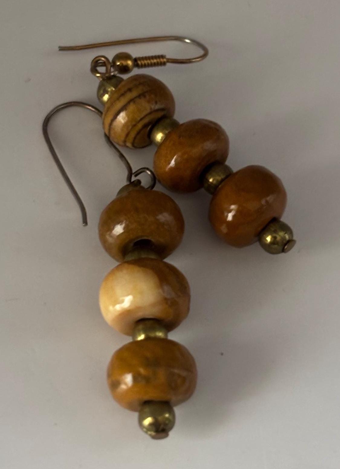 Lover Antiques Vintage Wood Bead Earrings, Dangle Wood Jewelry, Unique Gift for Her, Retro Jewelry, Tri Bead Earrings, Gift for Women