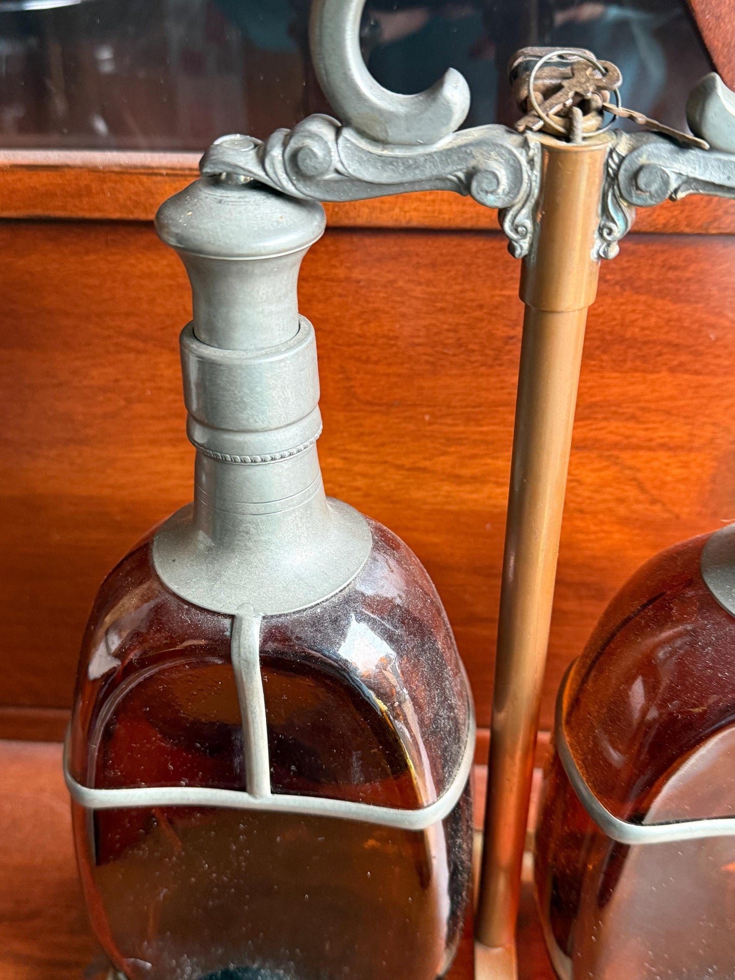 Vintage Danish Silversmith Amber Glass Decanter Set with Holder