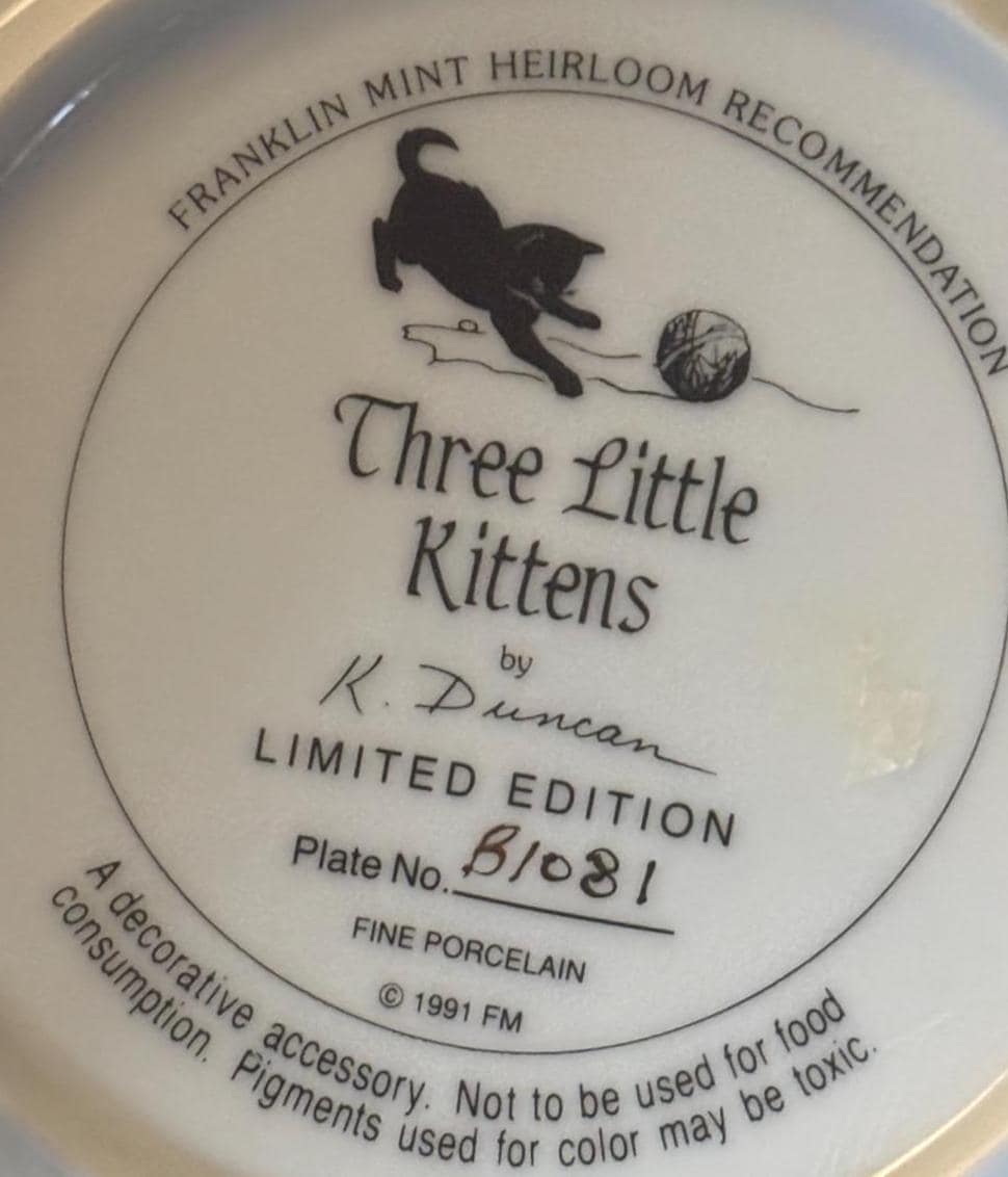 Franklin Mint Three Little Kittens Plate, Cat Collection #B1081, Lover Antiques and Vintage