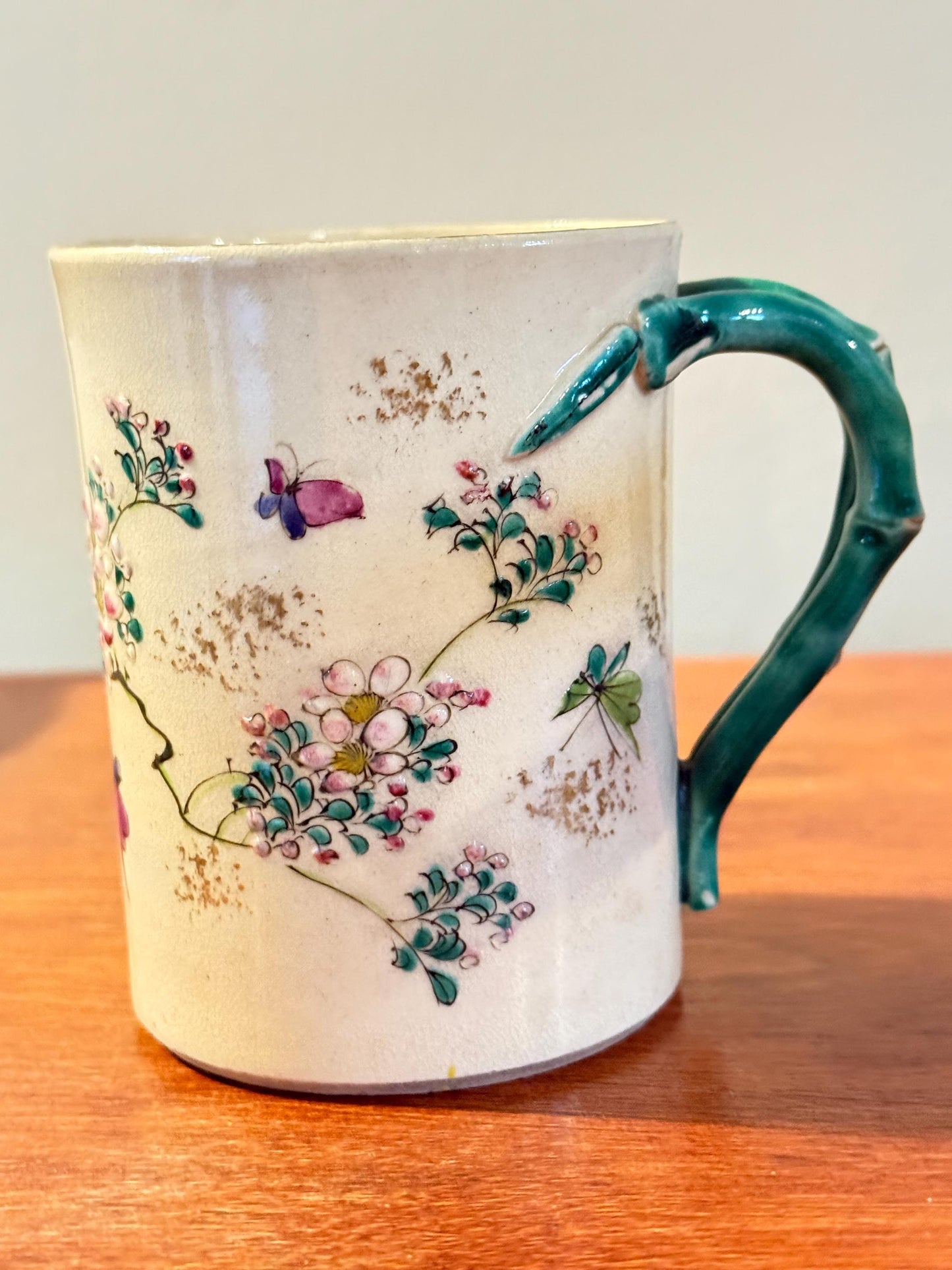 Antique Japanese Satsuma Pottery Cup With Green Handle Hand Painted early 20th Century Lover Antiques and Vintage