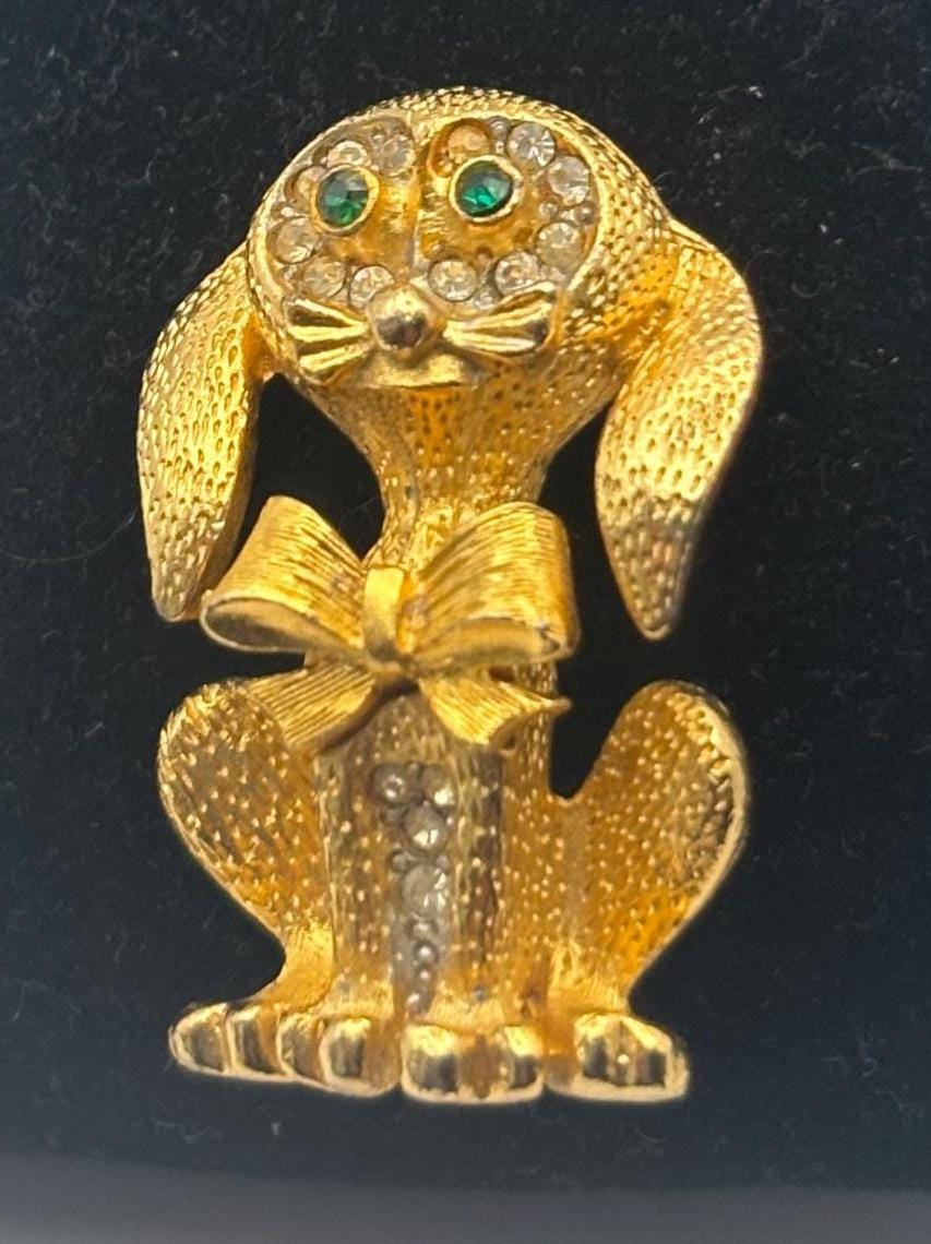 Gold Puppy with Green Rhinestone Eyes Pin, Dog with Bow Brooch, Signed SAO