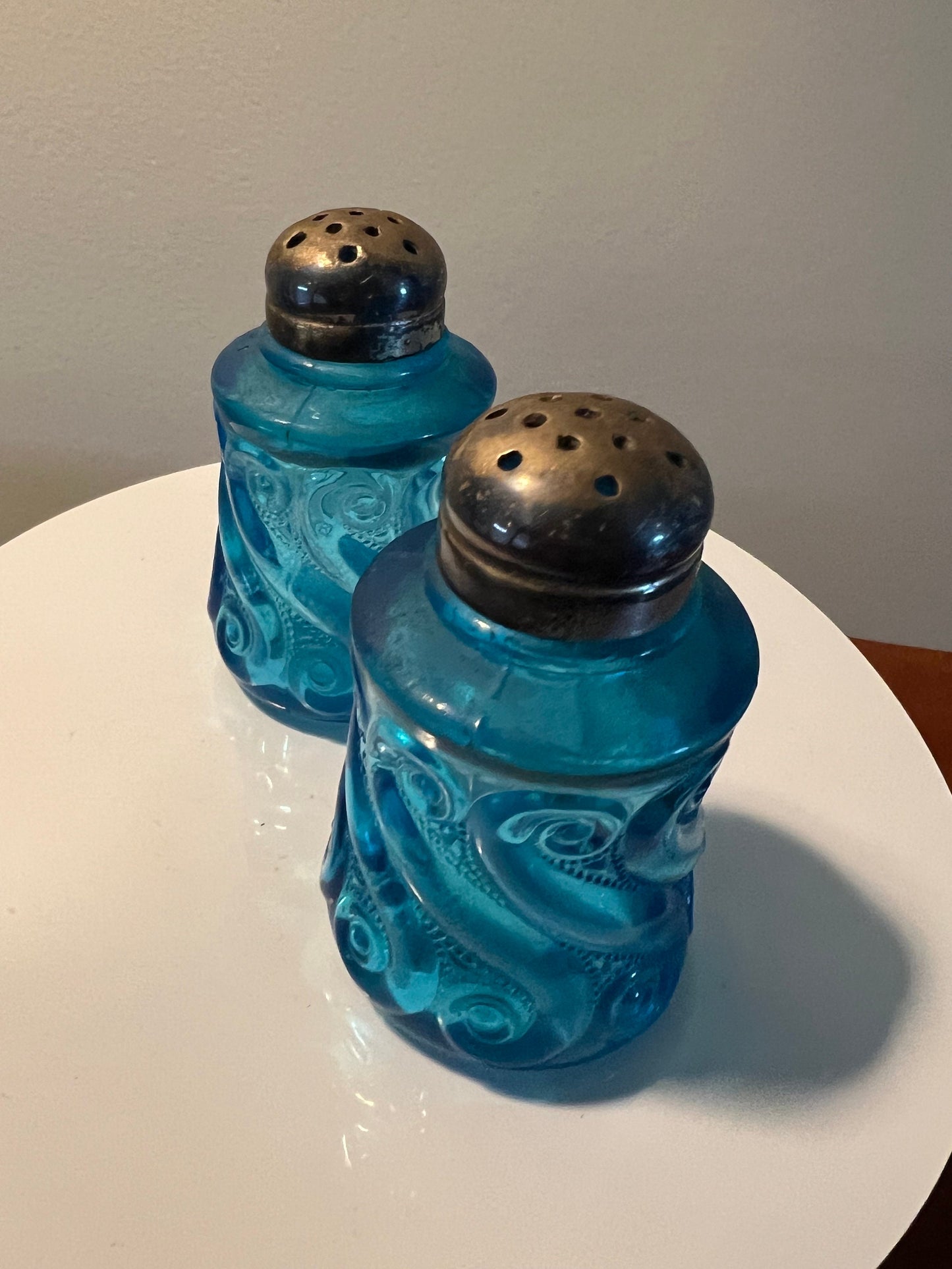 Antique EAPG Blue Glass Salt and Pepper Shakers: National Dugan S. Repeat Pattern
