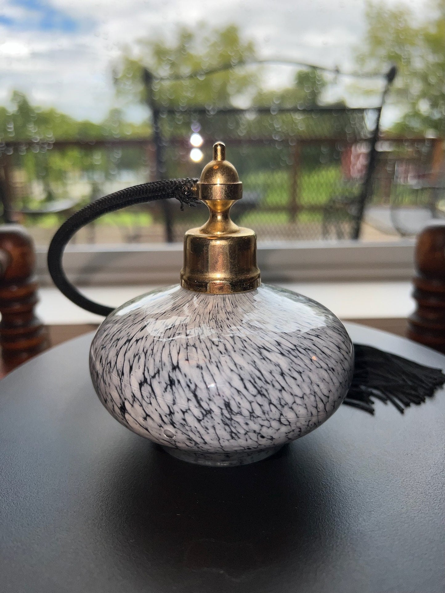 Vintage Black & White Opalescent Glass Perfume Bottle with Atomizer