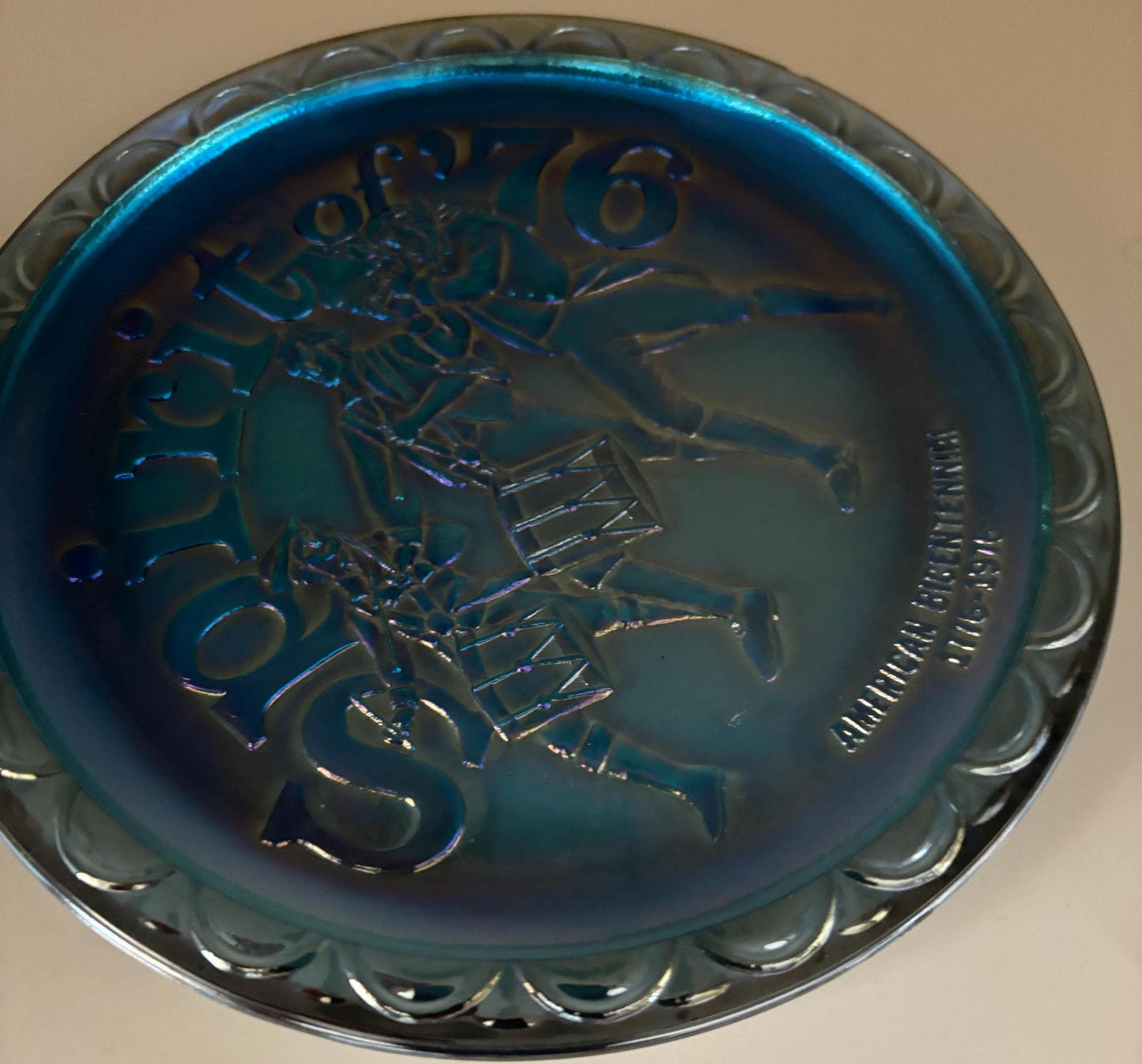 Vintage Fenton Carnival Glass Plate: Spirit of '76 Bicentennial, Iridescent Blue Purple