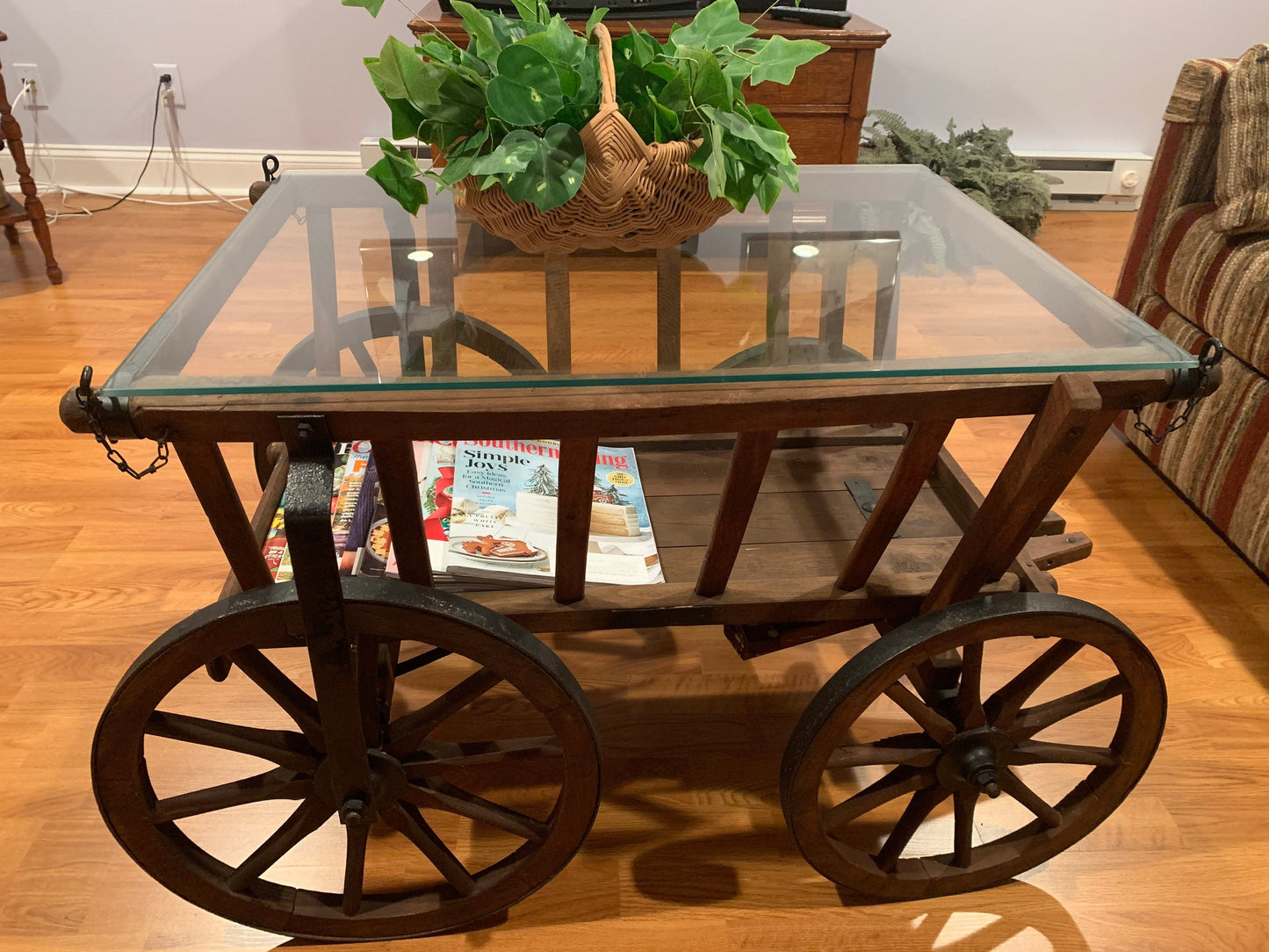 Antique Wheeled Wood Coffee Table with Glass Top