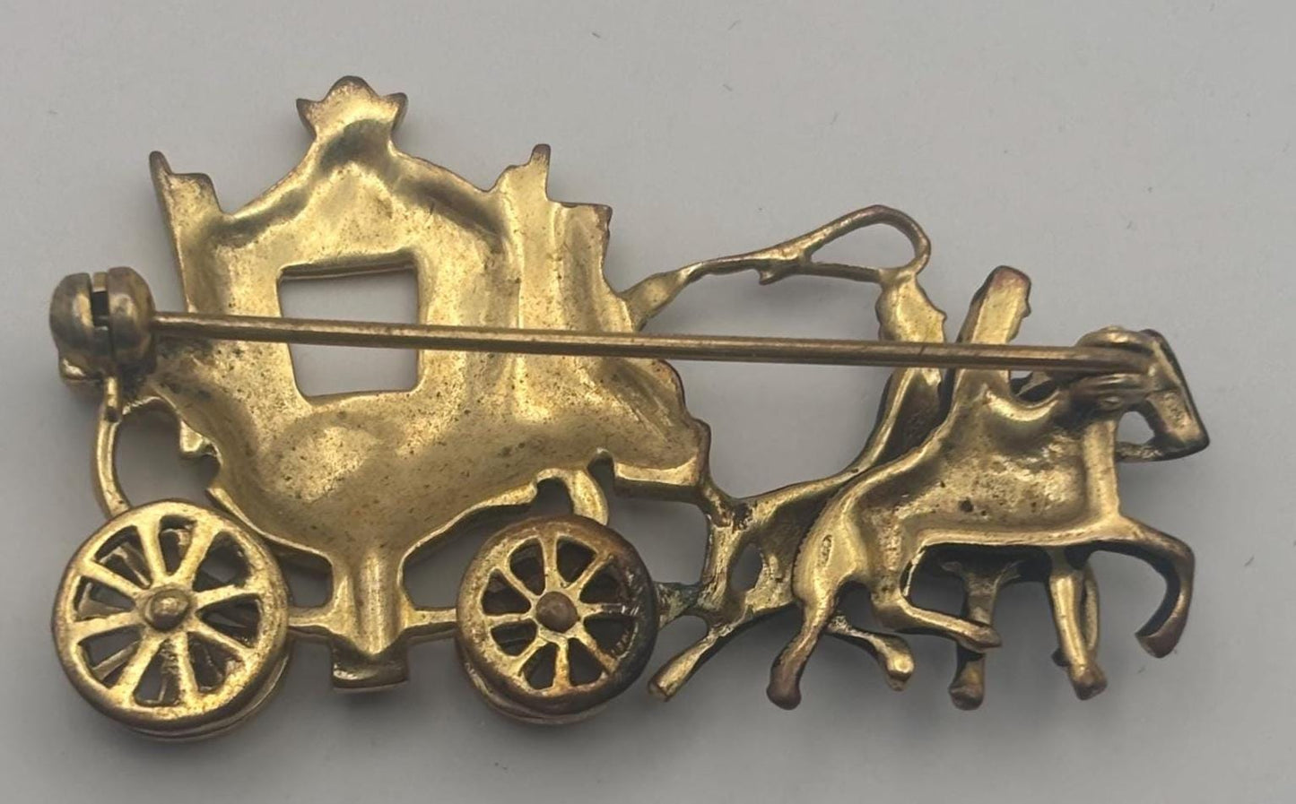 Vintage Carriage Stagecoach Horse Pin Black Enamel Gold Brooch Lover Antiques and Vintage
