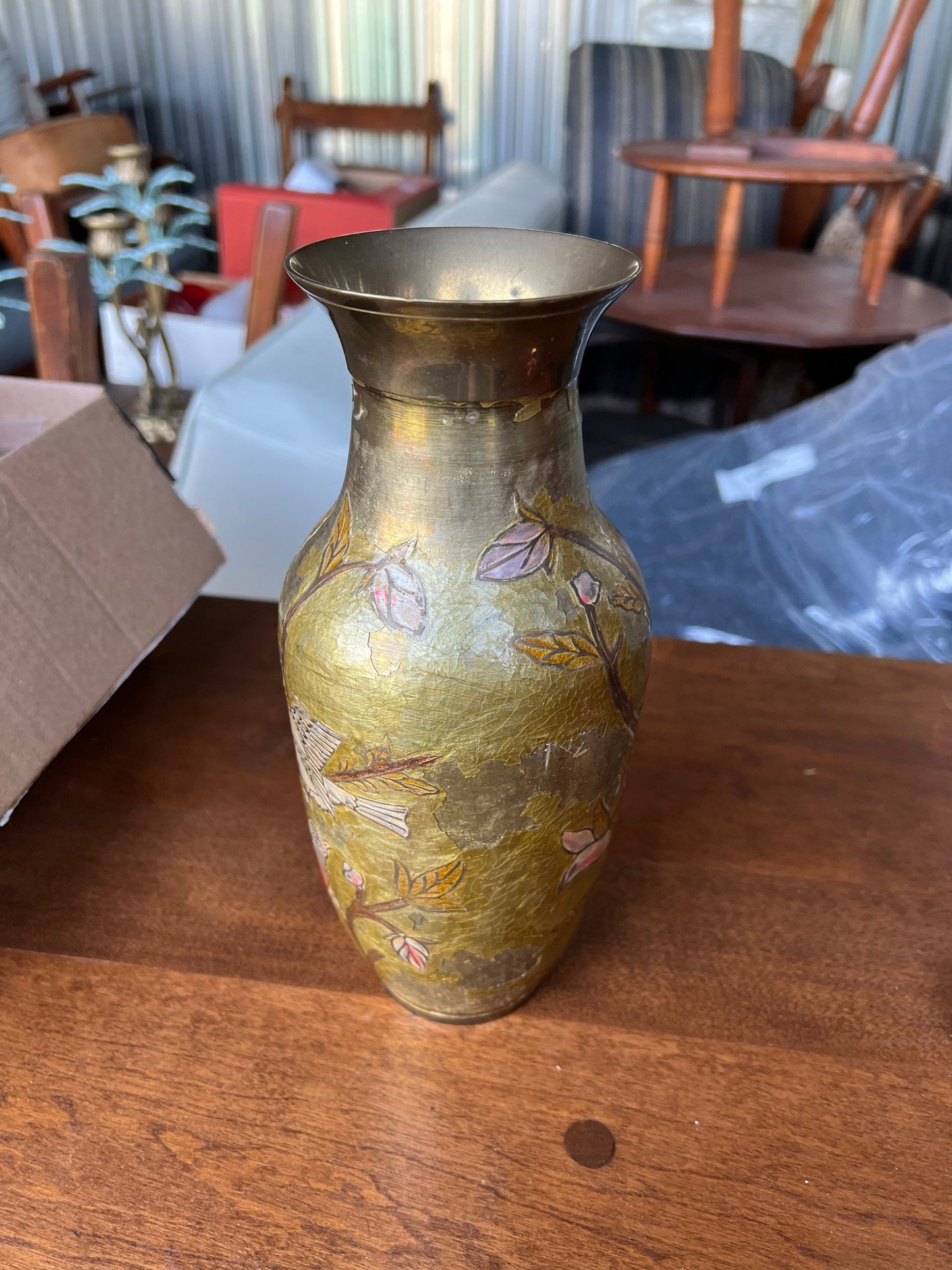 Antique chinese bronze vase hand painted and engraved with colorful birds on blooming tree