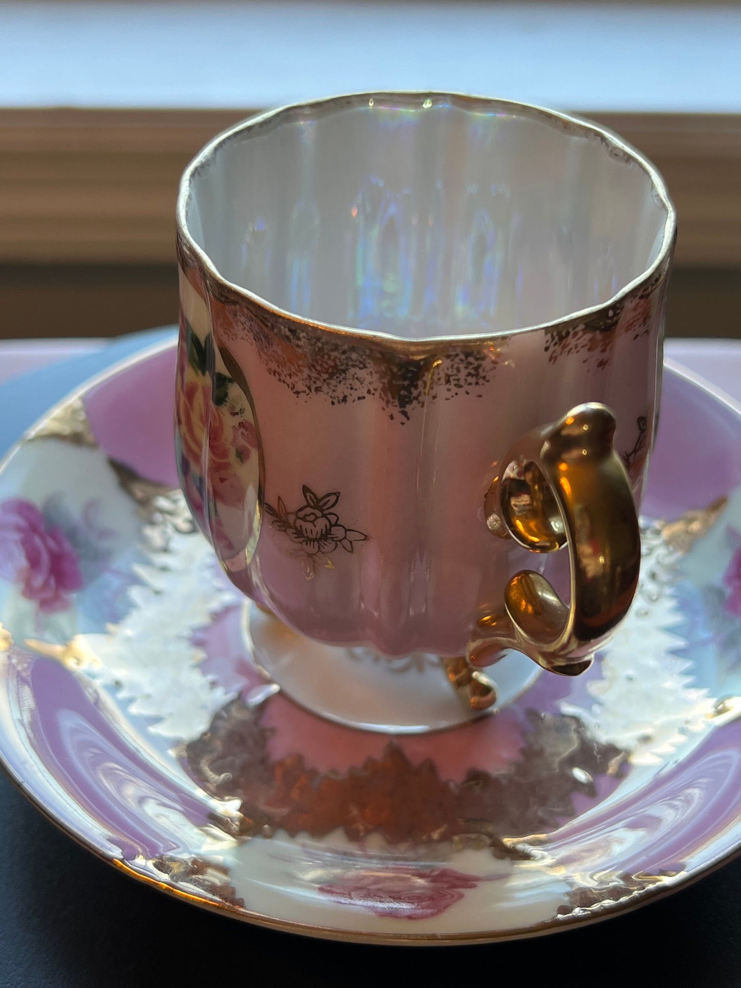 Vintage Shafford Bone China Tea Cup and Saucer: Rose and Gold Hand Painted