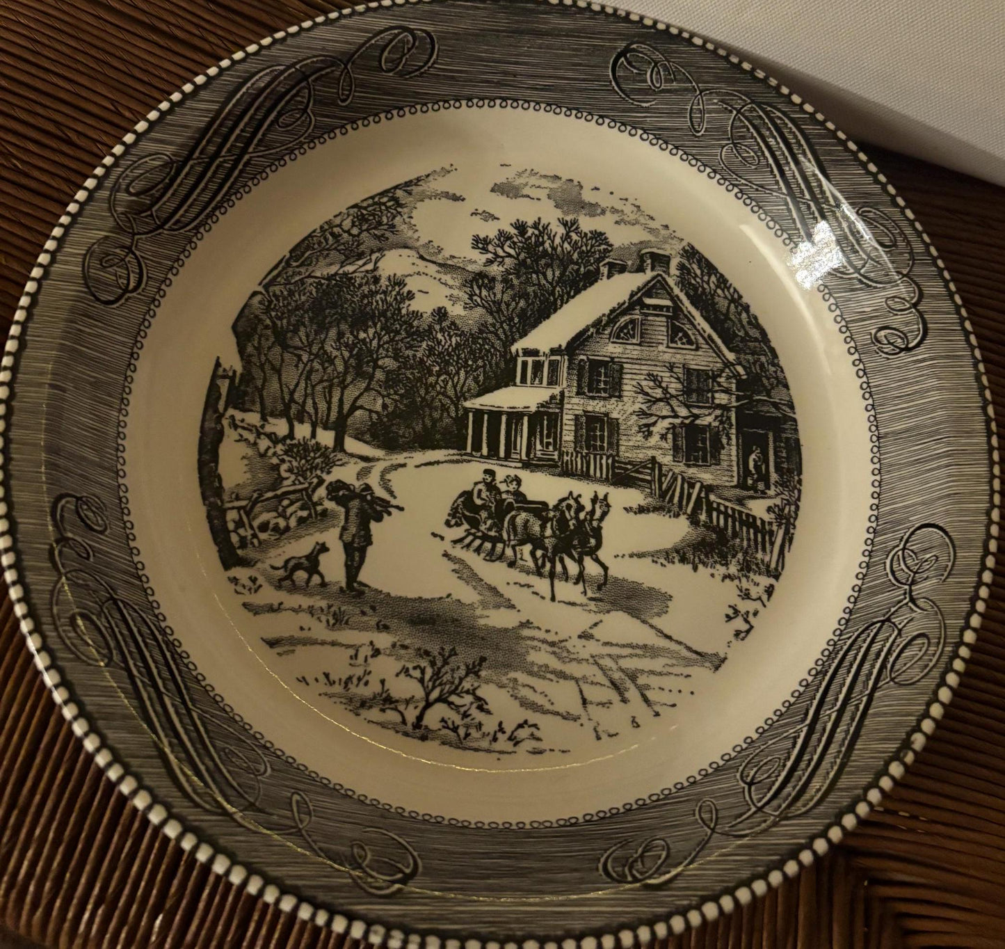 Vintage Royal China Jeannette Bowl Blue & White Carriage with Horses Outdoor Scene House Lover Antiques and Vintage