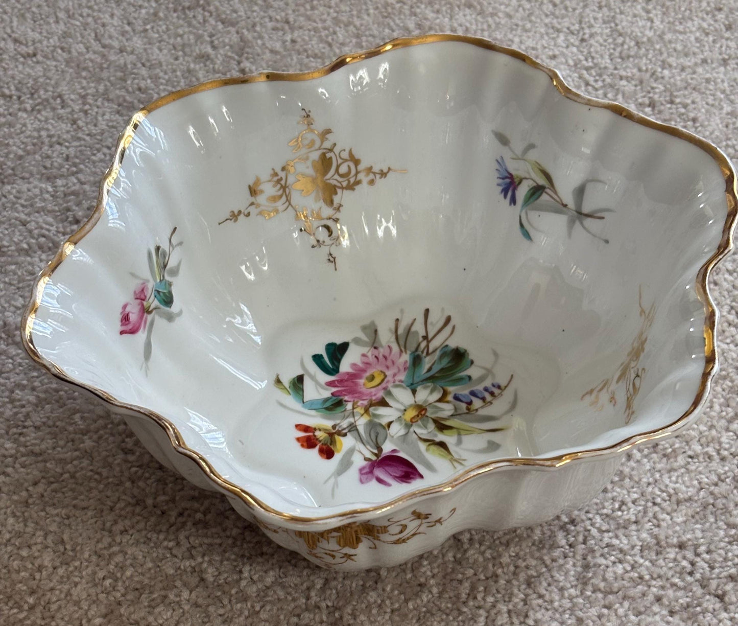 Antique German Dresden Scalleoped With Gold Trim, Ruffled Serpentine Floral Butterfly Bowl, Gold Gilded Plate, Lover Antiques and Vintage